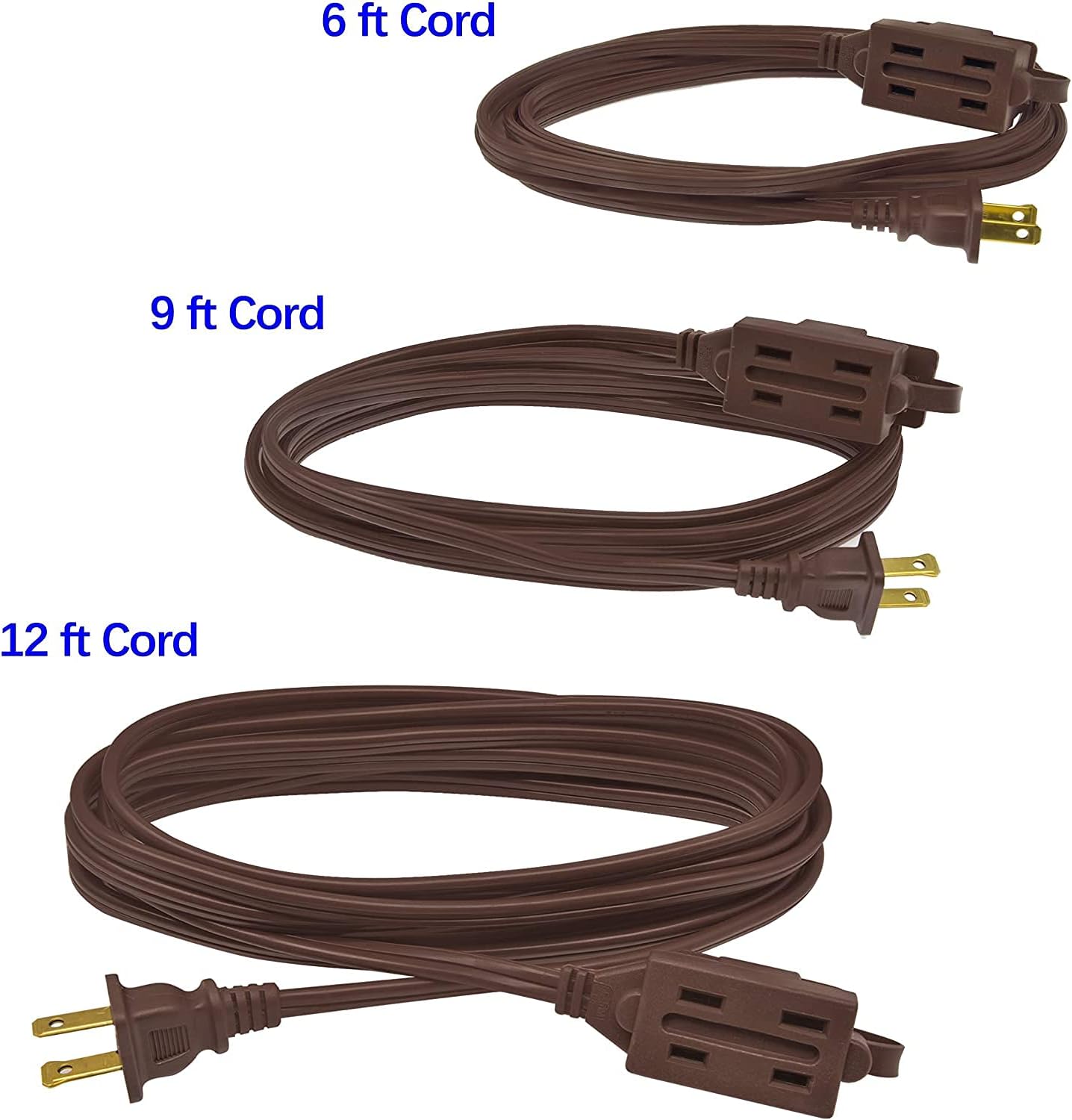 Clear Power 6/9/12 ft (3 Pack) Indoor Extension Cord, Brown, 3 Outlets with Safety Cap, 2 Prong Polarized Plug, Perfect for Homes, Offices, and Kitchens, 3 Variety Pack, DCIC-0216-DC : Tools & Home Improvement