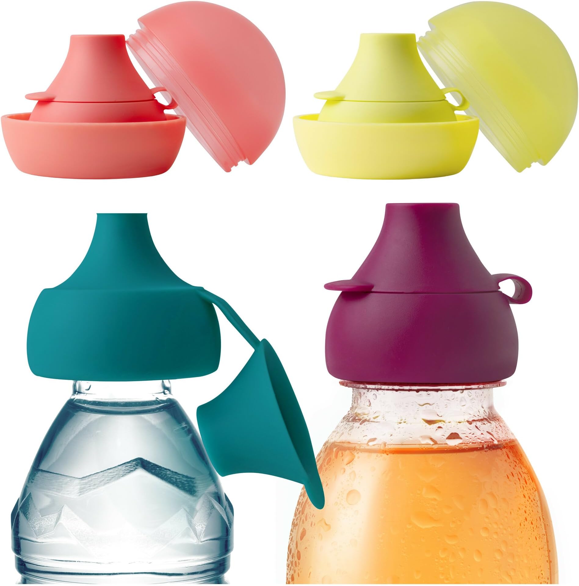 Boon Snug Sip Universal Water and Juice Silicone Bottle Toppers - Soft Spout Conversion Caps with Spill Proof Valves - Silicone Bottle Covers for Travel - Includes 4 Toppers and 4 Cases
