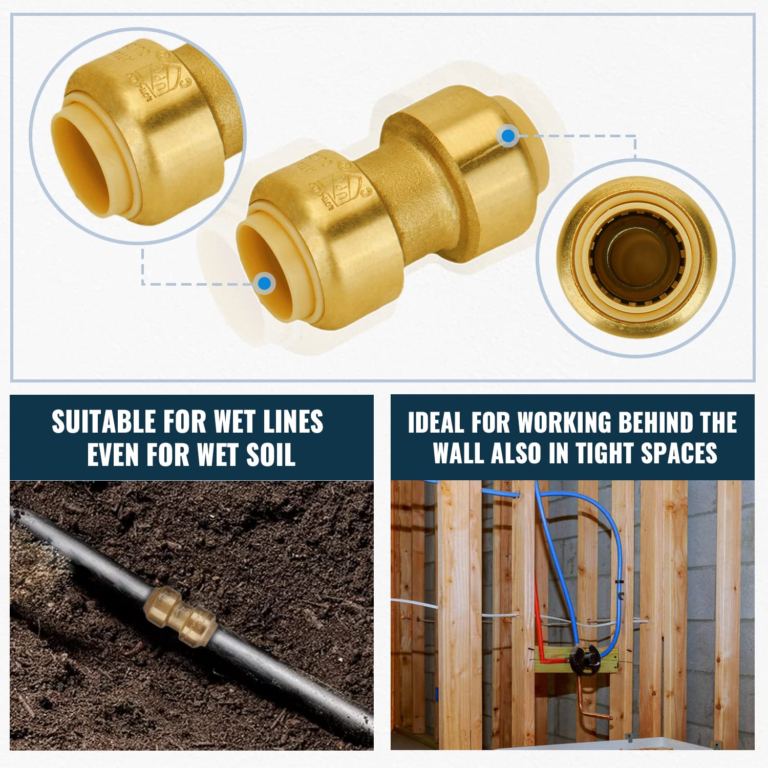 SUNGATOR Accesorios de fontanería de 1/2 pulgada a granel, acoplamiento recto de latón sin plomo (10 piezas), codo de 90 grados (10 piezas) para conectar Pex, cobre, CPVC, con un clip de desconexión,