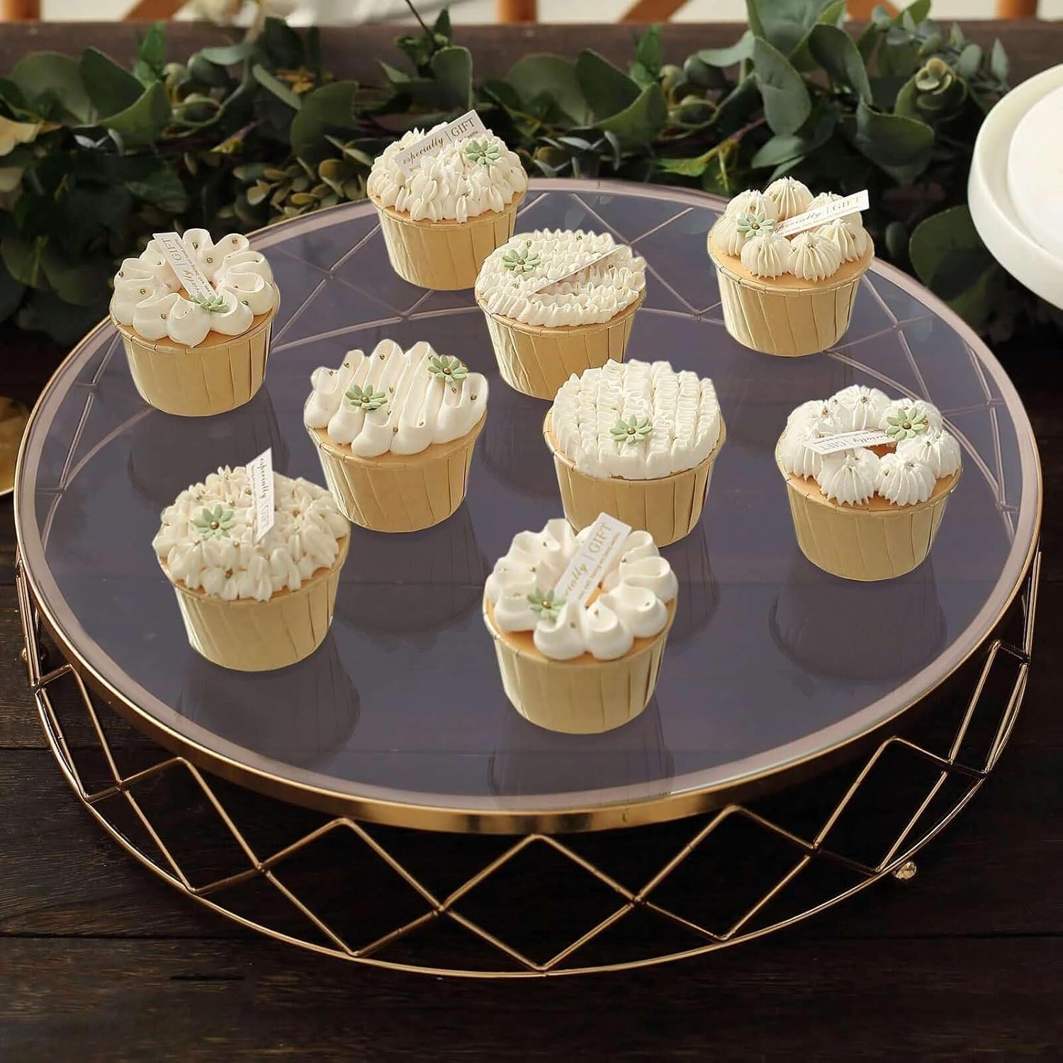 Efavormart 16" Round Metal Geometric Cake Stand with Glass Top, Pastry & Dessert Riser for Party Table Decor