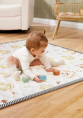 Miniatura 7 de Tapete de juego bohemio para bebé de 71 x 59 pulgadas, tapete grueso para bebé, antideslizante, acolchado, tapete para gatear, tapete de juego con