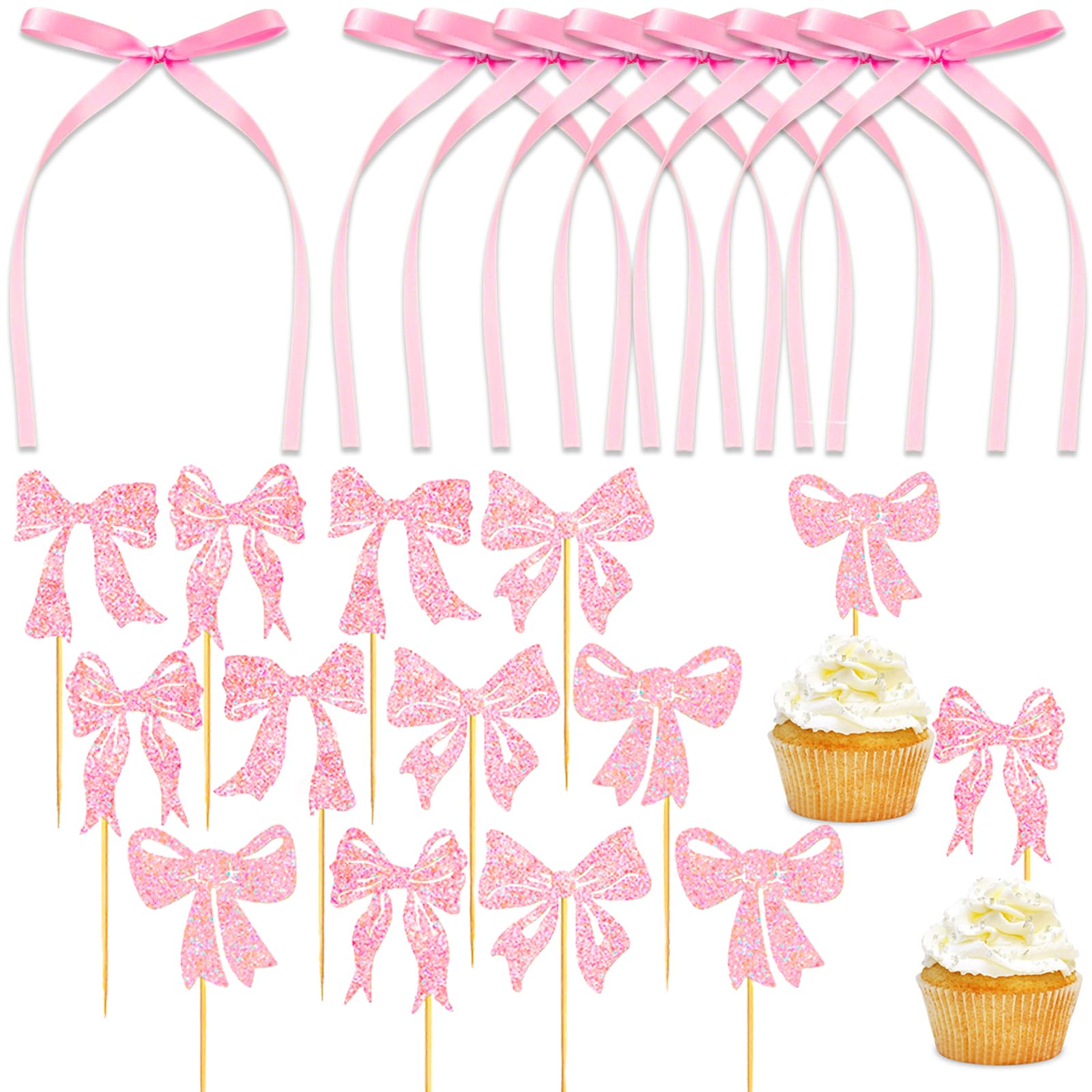 Muiltvoe 52 PCS Pink Bow Cake Topper Glitter Paper Bow Cupcake Picks Bowknot Ribbons Cupcake Toppers for Birthday Wedding Party Wedding Anniversary Wrapping Christmas Tree Decorations