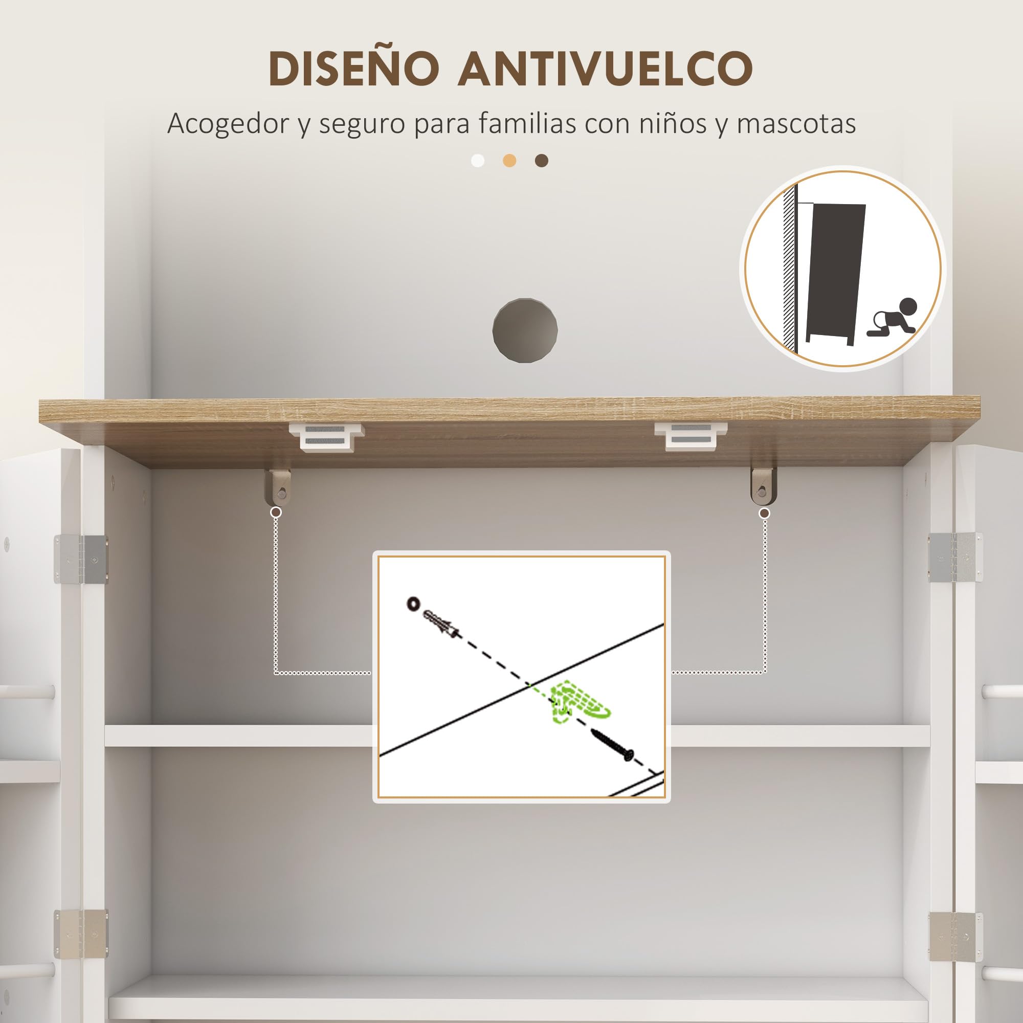 HOMCOM Alacena de Cocina, Armario de Cocina con 3 Puertas, Estantes Regulables y 8 Compartimentos en la Puerta, para Salón, Comedor, 60x35x169 cm, Blanco