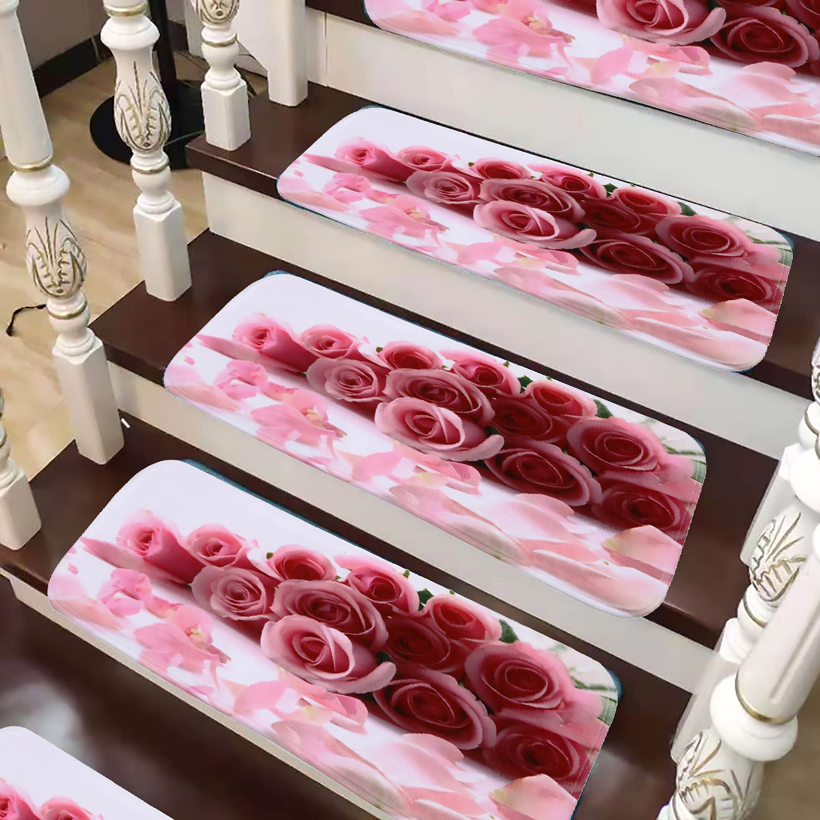 Tappetini per Scale, Tappetini per Scale con Motivo Stampa Rosa Rosa Durevoli Antiscivolo Non Inquinanti per Gradini in Legno Tappeti per Scale per Bambini E Cani 70 X 22 Cm, 1 PZ