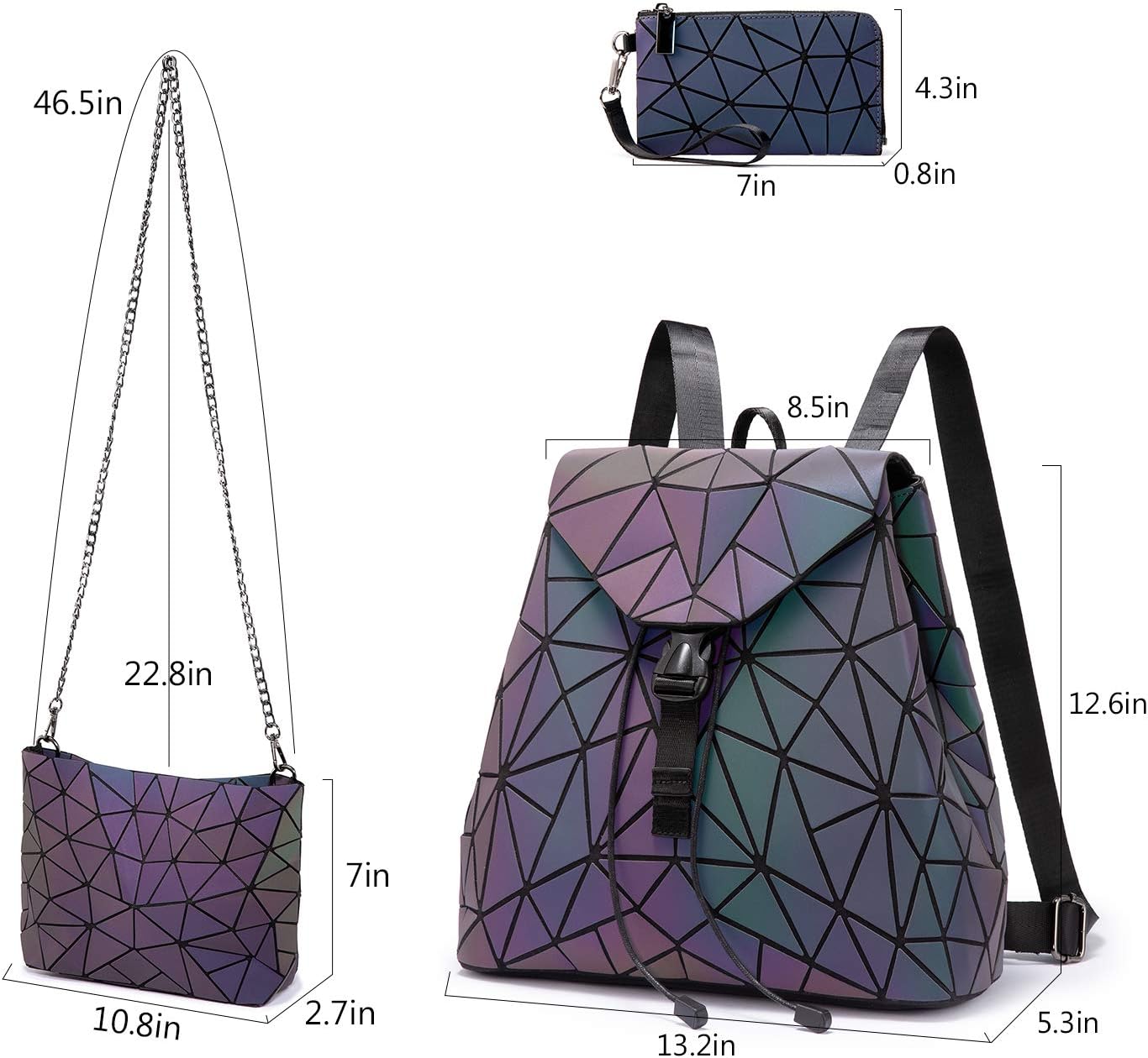 Geometric Luminous Purses and Handbags for Women Holographic Reflective Bag Backpack Wallet Clutch Set Backpack + Crossbody Bag + Wallet