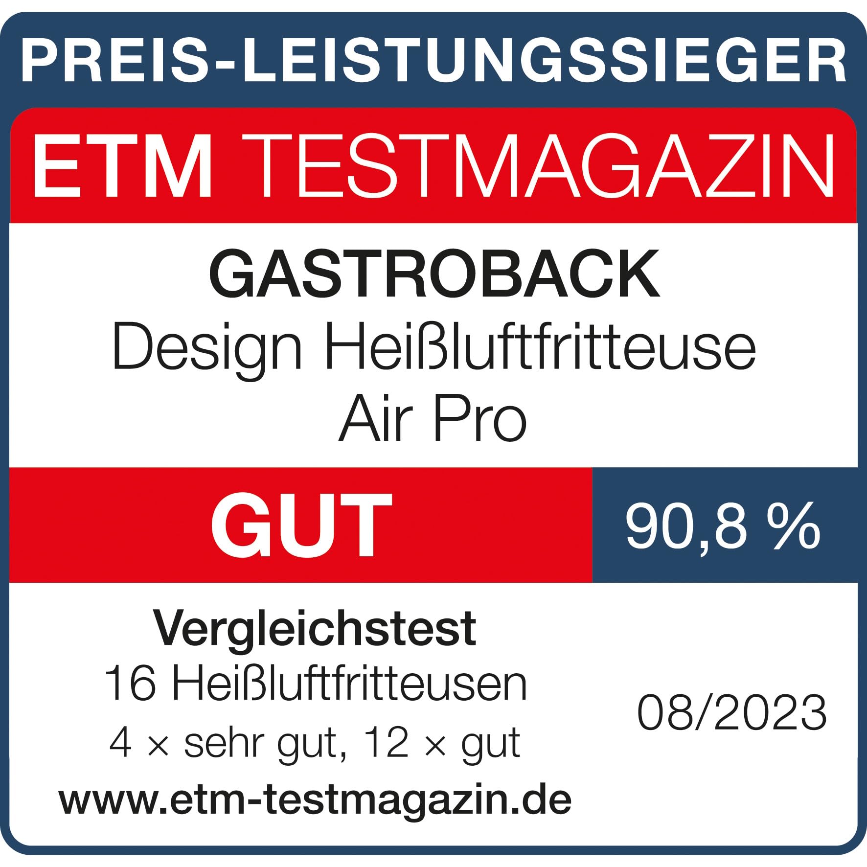 GASTROBACK #42582 Design Heißluftfritteuse Air Pro, Air Fryer mit 3,7 Liter Füllvolumen, 8 voreingestellte Programme, Touch-Bedienfeld, Schwarz-silber