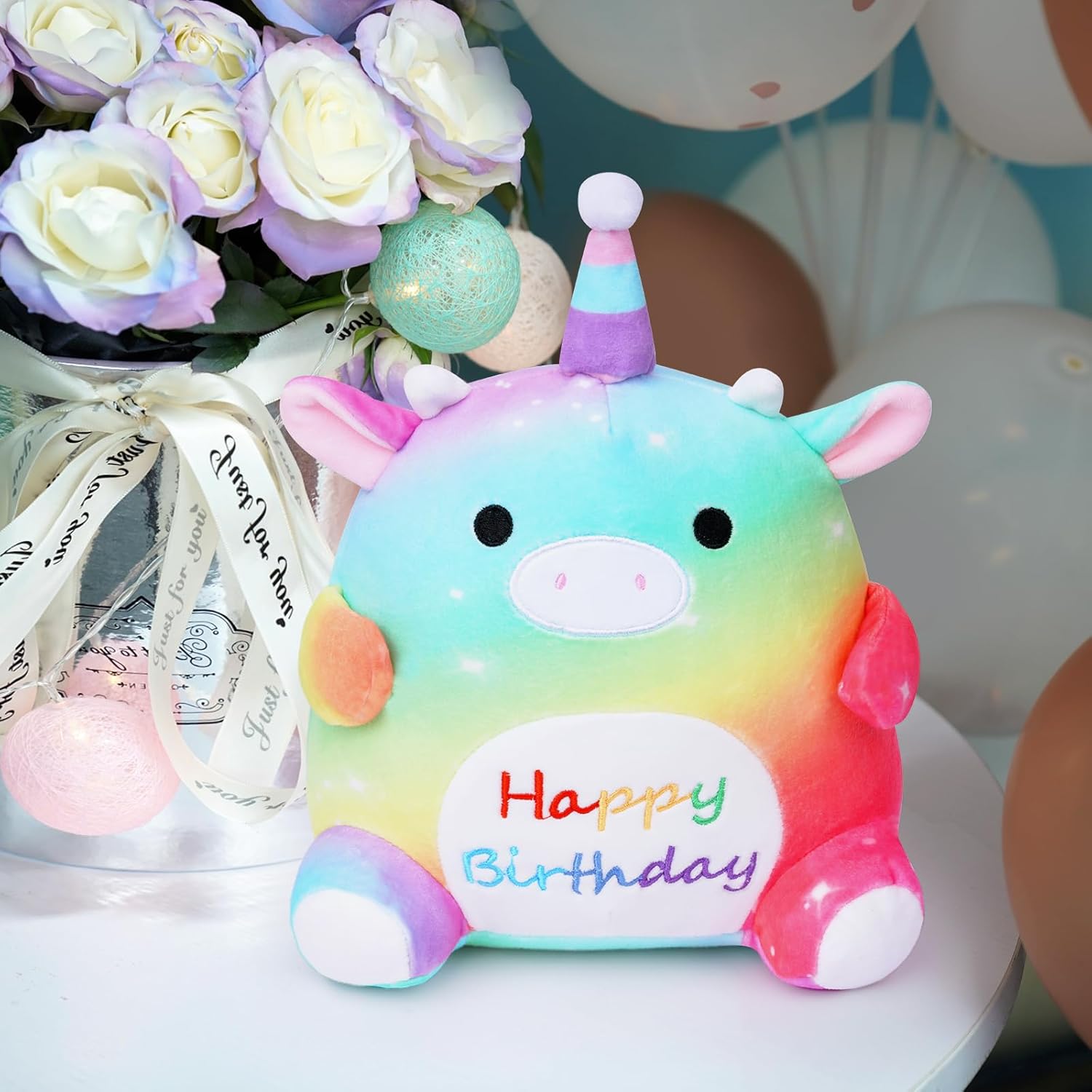Cow Stuffed Animal, 10inch Happy Birthday Cow Plush with Unicorn Hat Cute Cow Plushie Soft Plush Pillow, Kawaii Birthday Gift for Kids Girls Boys Adults