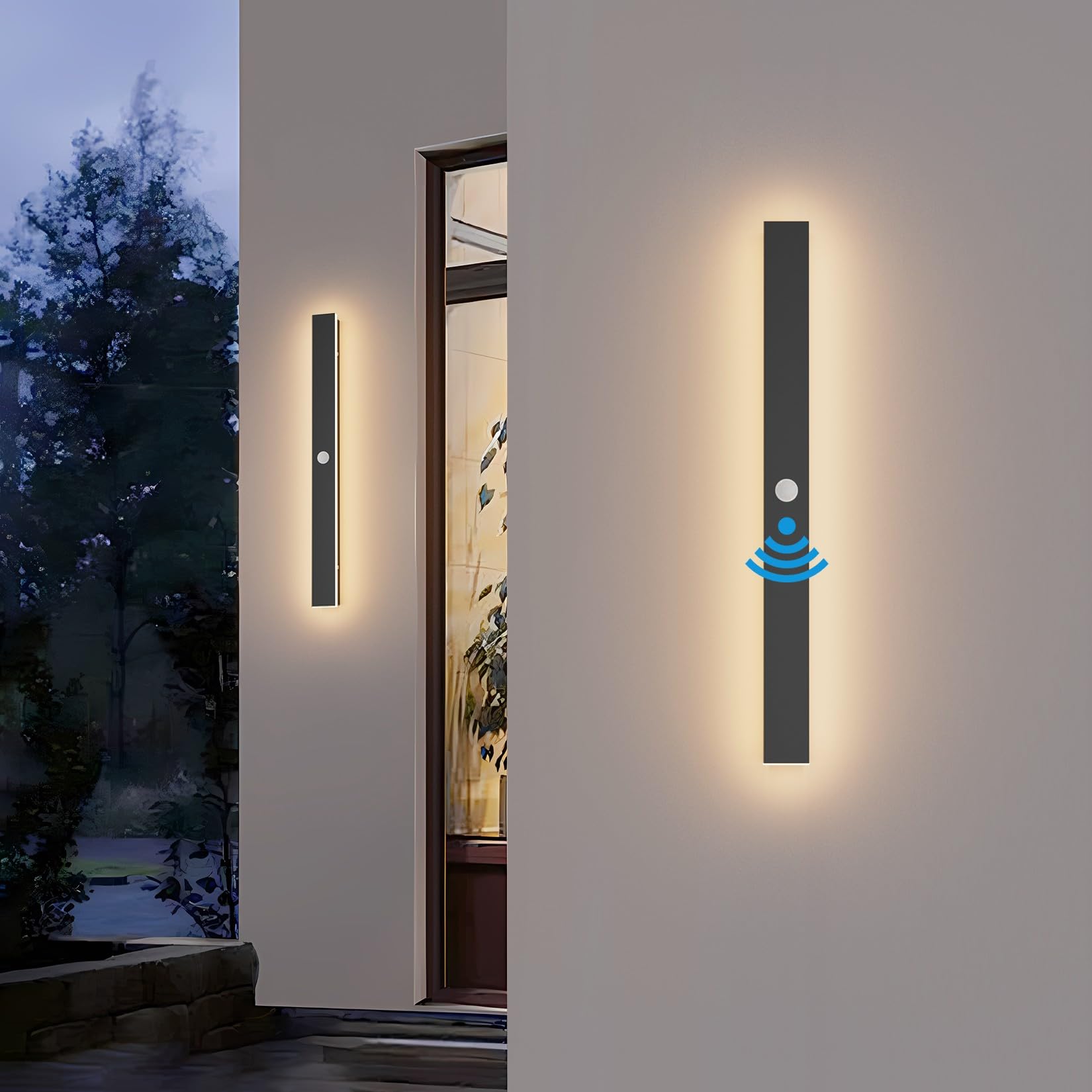 K-Bright Applique da Parete Lunga con Sensore di Movimento LED Moderno Lampada Esterno Interno Bianco Caldo 3000K Per Terrazzo Balcone Porta IP65 Impermeabile Nero 60CM