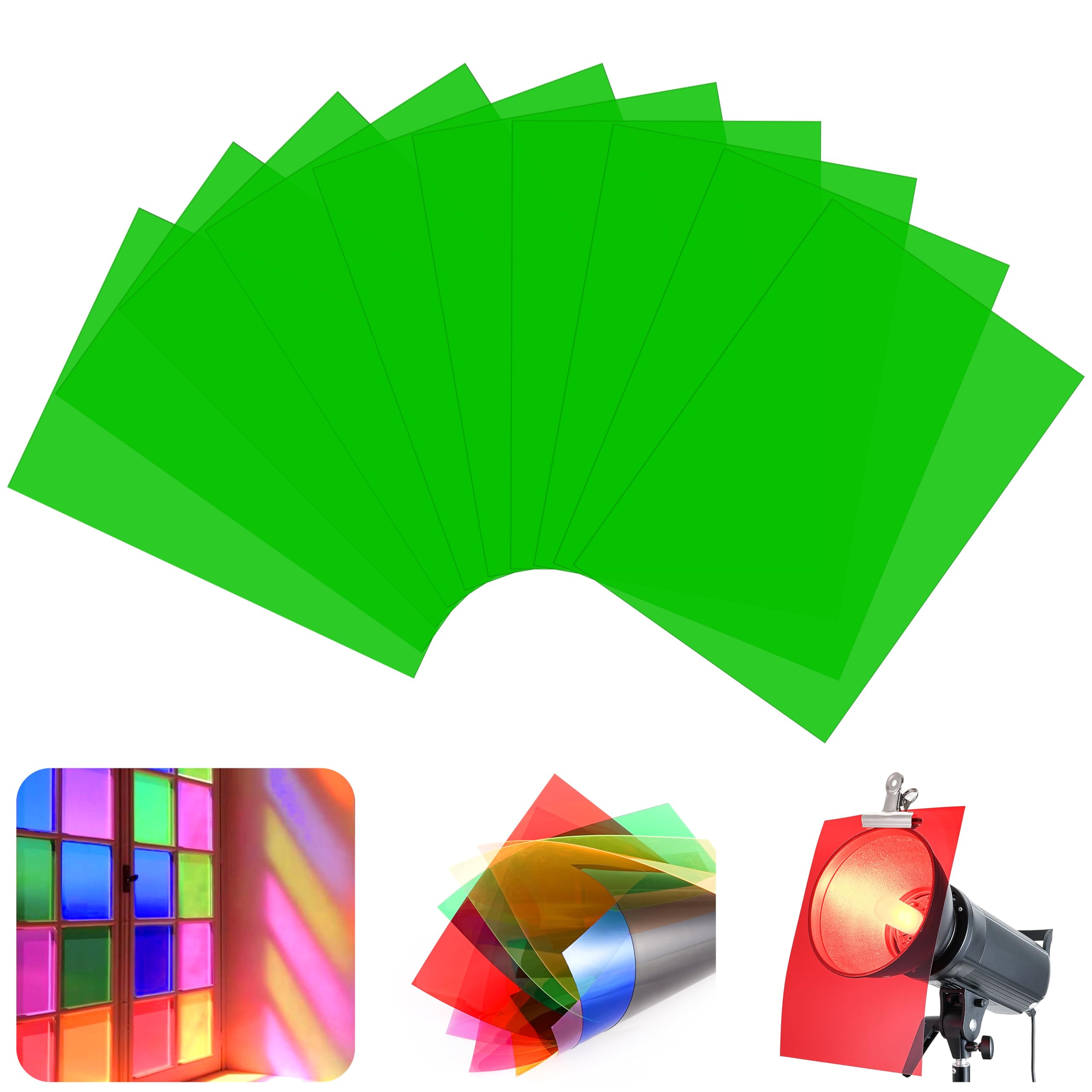 10 Pack Gel Light Filter Sheets, A4 Size Transparency Colored Plastic Sheets,Light Gel Filters for Photography Studio Lighting, Stage LED Lights,Headlight Film,DIY Tinted Window Film (Green)