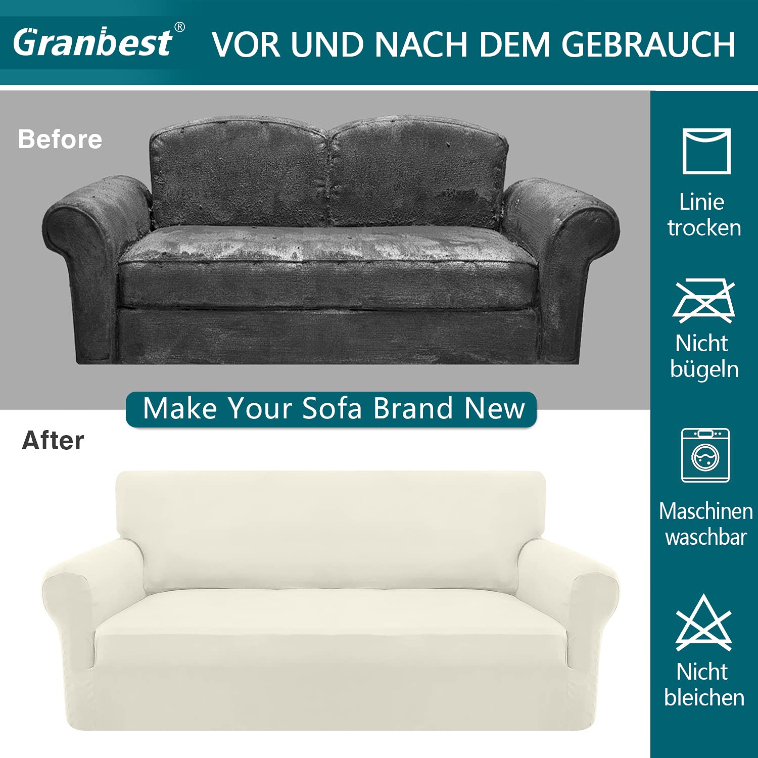 Granbest Strecken Sofabezug 3 Sitzer Superweich Elasthan Sofaüberwurf für Hunde Haustier Couchbezug Möbelschutz mit Elastischen Boden (3 Sitzer, Creme)