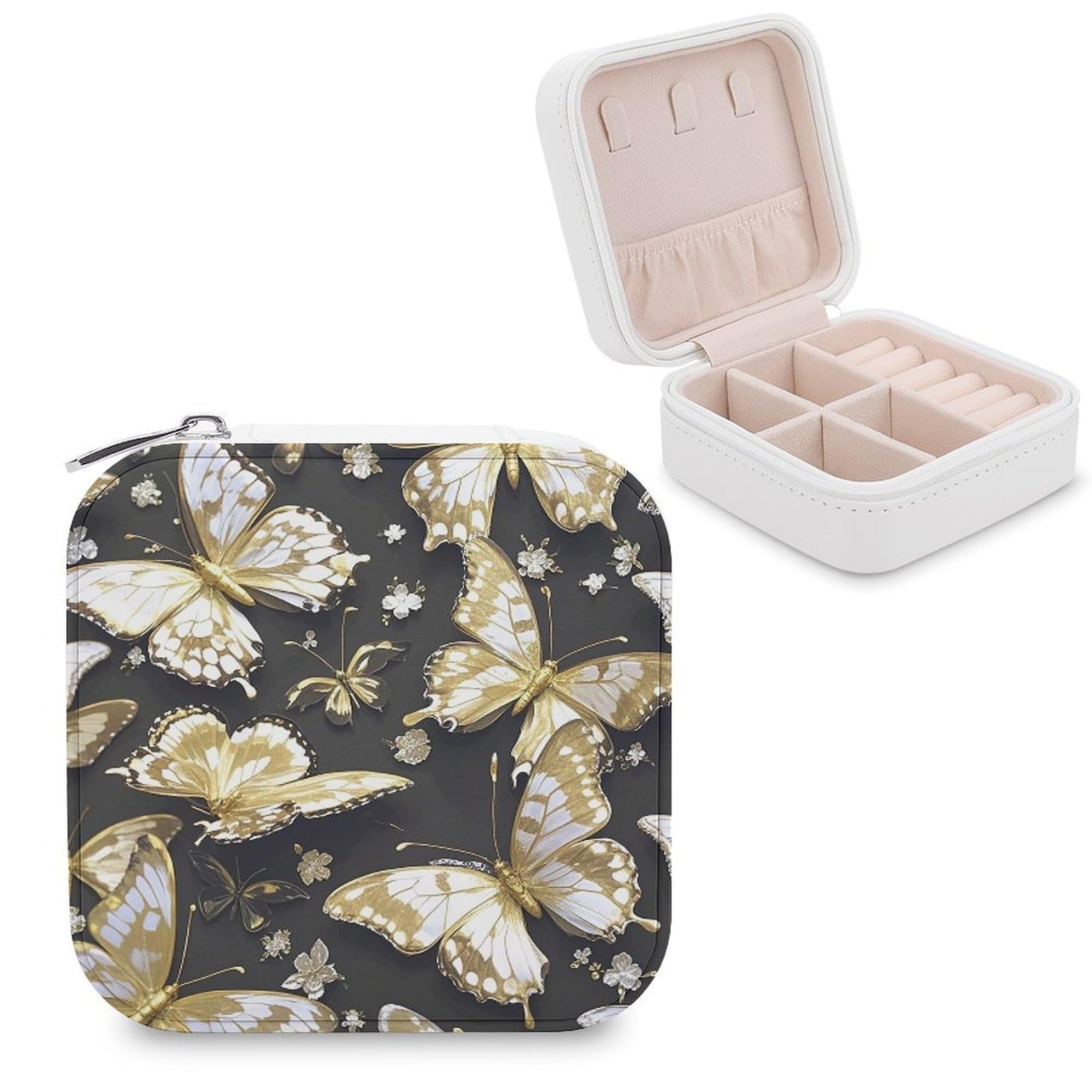 FekiLoot Gold White Butterflies Black Travel Jewelry Box Small Jewelry Organizer Storage Case Portable PU Leather Mini Jewellry Travel Case Necklace Ring Storage Organizer Gift for Women