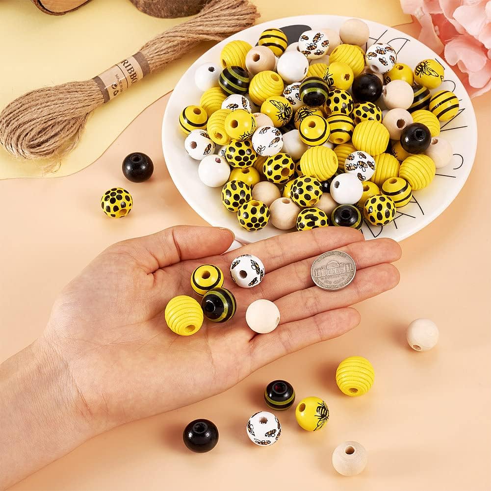 Cheriswelry 160Pcs 15-16mm Bee Round Wood Beads - Yellow, Black, White Loose Spacer Colorful Painted Large Hole Supplies Kit for Bracelet Accessories Jewelry Making Crafts