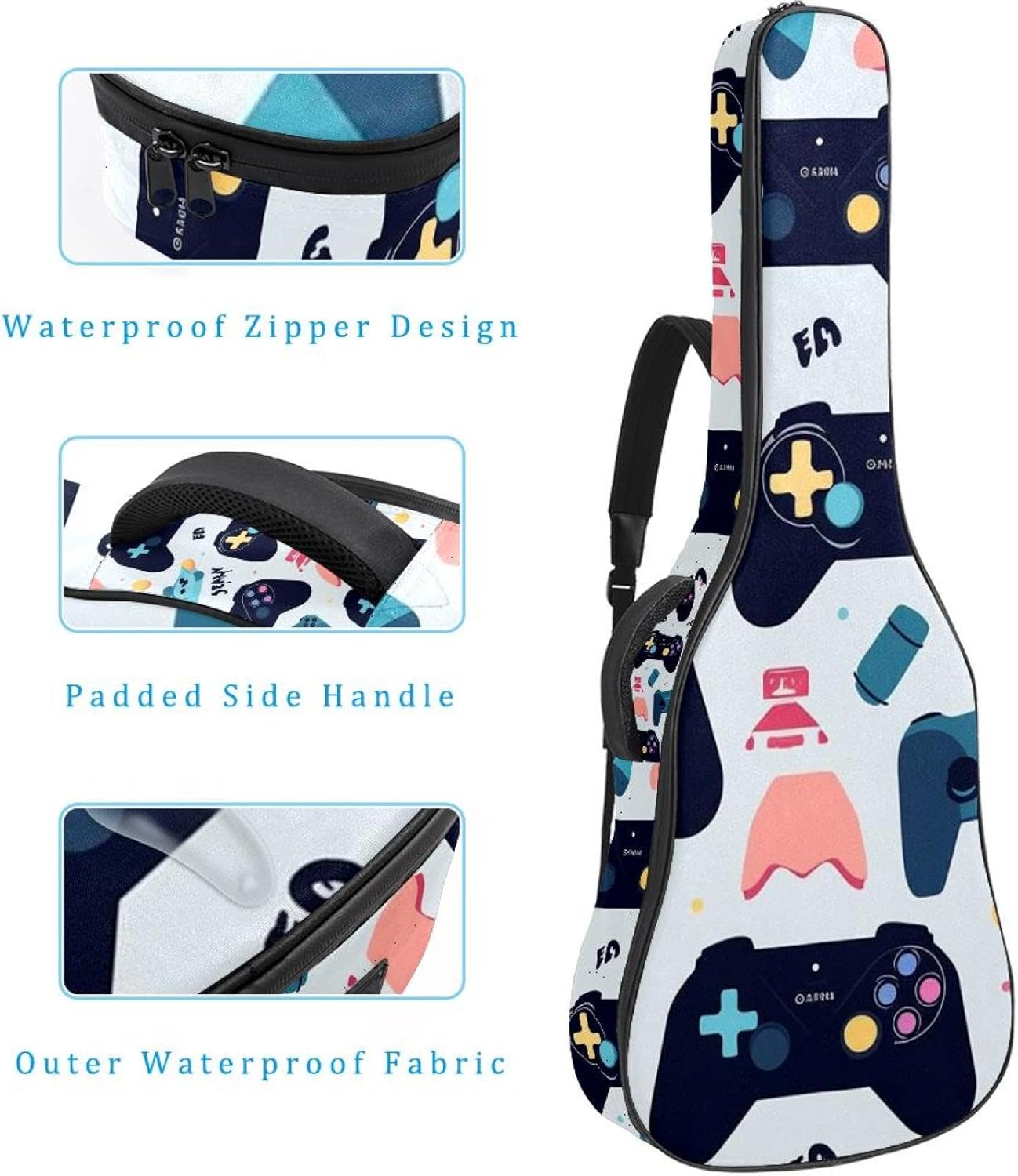 40/41/42-inch Color Game Controller Acoustic Guitar Bag With Adjustable Shoulder Strap And 2 Storage Bags. Guitar Bag With Back Hanging Loop, Electric, and Classical Guitars
