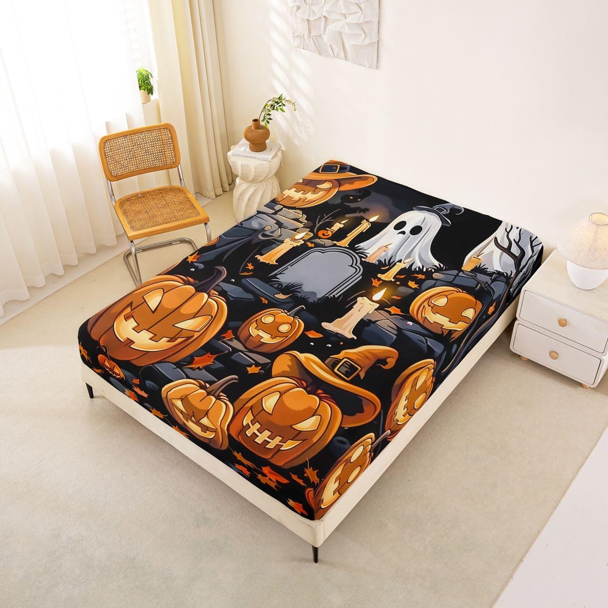 Castle Fairy Cartoon Pumpkin Fitted Sheet Full Size (No Flat),Ghost Handle Maple Leaf Bedding Set 3Pcs,Kids Boys Teens Room Decor,Dark Spooky Bed Sheets Witch Hat Deep Pocket Sheet,2 Pillowcases