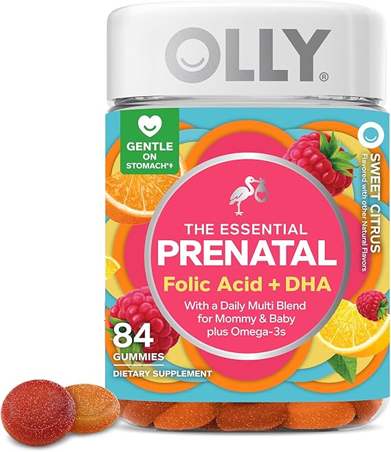 OLLY Essential Prenatal Gummy Multivitamin, Folic Acid, Vitamin D, Omega 3 DHA, Supports Healthy Growth and Brain Development, Citrus Berry - 84 Count