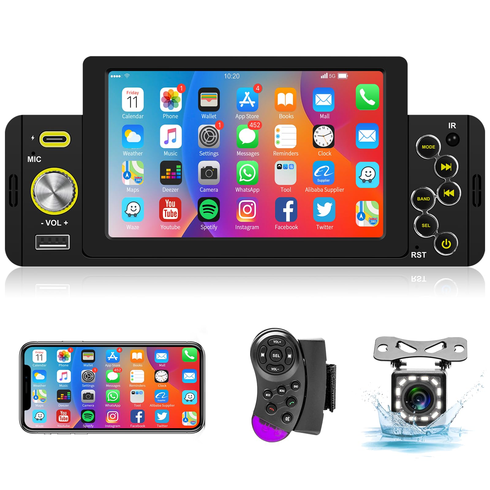 Autoradio 1 Din Con Schermo Touch A Scomparsa 7 Pollici - Bluetooth, Mirror Link, FM, Telecamera Retromarcia, Controllo Volante