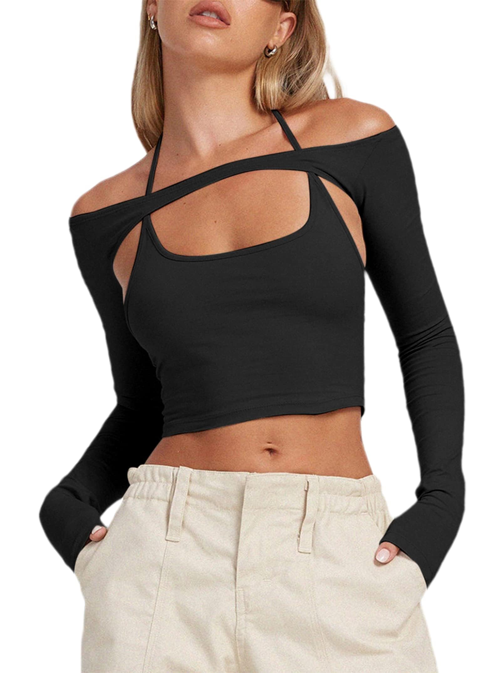 Sexy Knit Cutout Off Shoulder Long Sleeve Crop Top main image 0