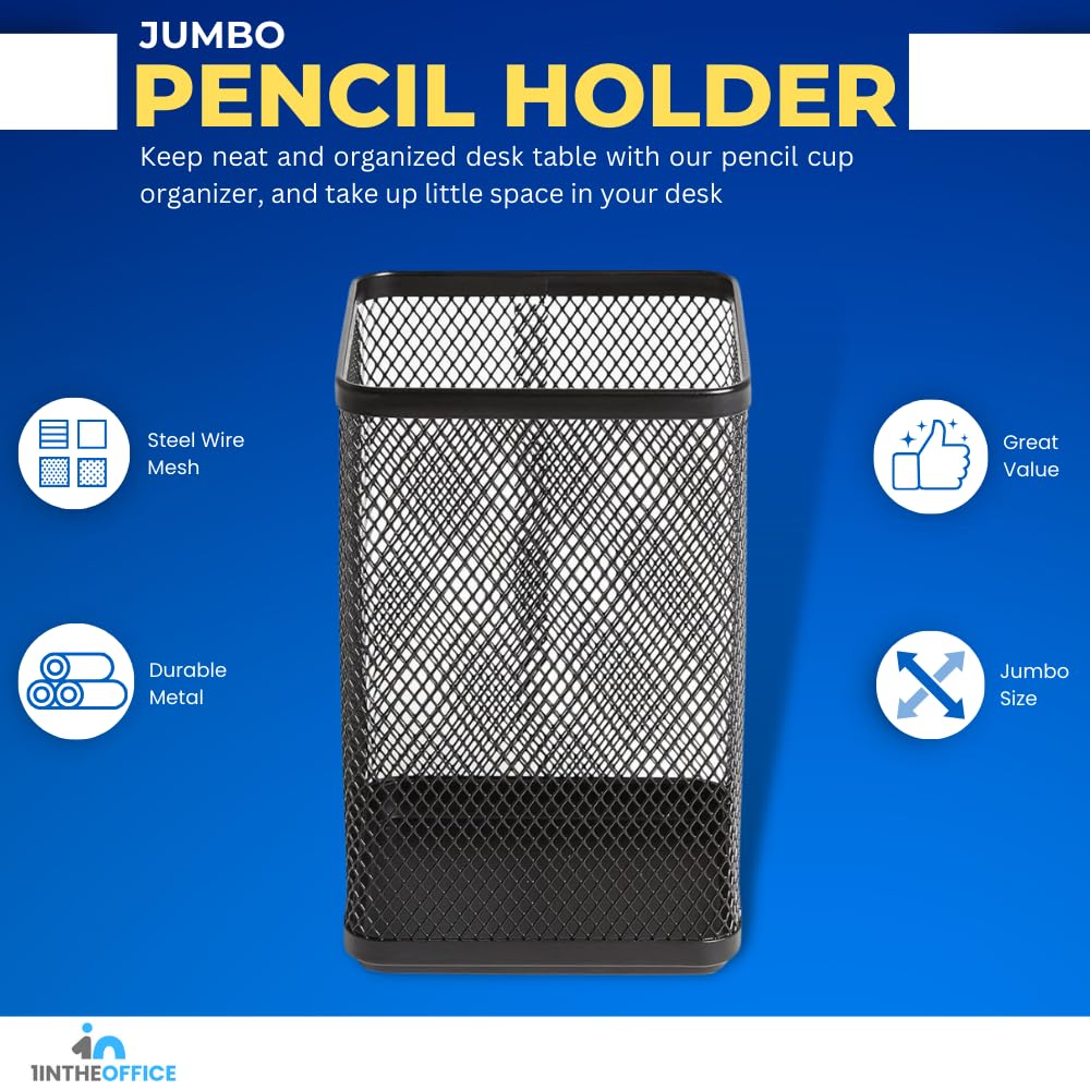 1InTheOffice - Set di 2 tazze per matite Jumbo da scrivania, impilabili in rete metallica, colore: nero opaco