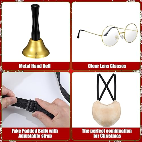Miniatura 2 de Juego de 3 piezas de disfraces de vientre de Papá Noel para Navidad, con relleno falso, lentes transparentes, campanas doradas para hombres