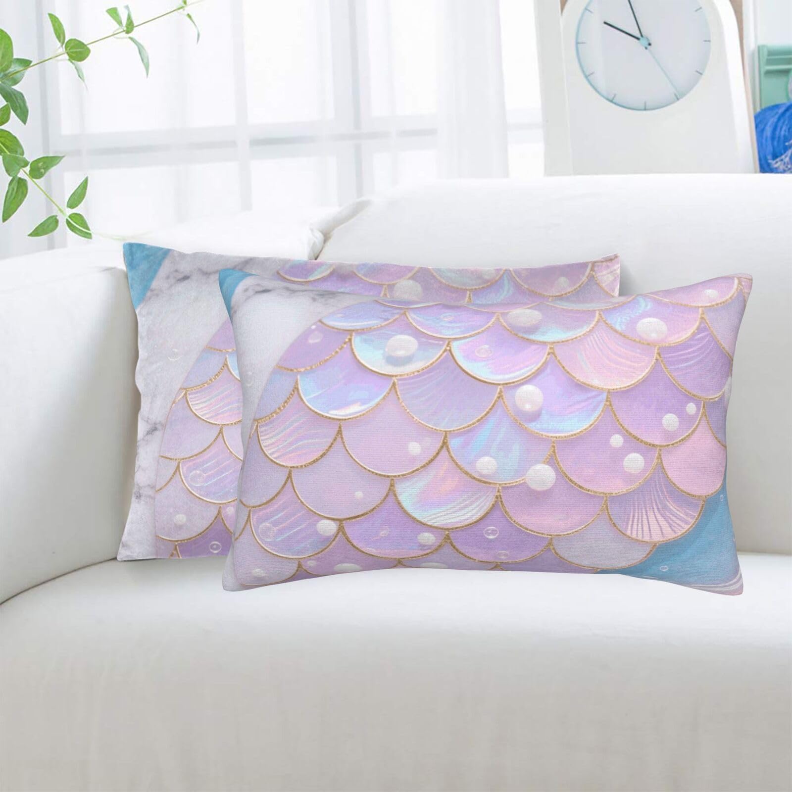 2 Pack Standard Pillowcases Sets, Ultra Soft Comfort Microfiber Plush Pillow Cases Mermaid Fish Scales Marble Decorative Throw Pillow Cover with Hidden Zipper for Bedroom, Sofa, Couch,16"X24"