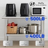 Vista 5 de Hally - Mesa de trabajo y preparación de acero inoxidable, mesa comercial de gran resistencia con estante inferior y salpicadero para restaurante