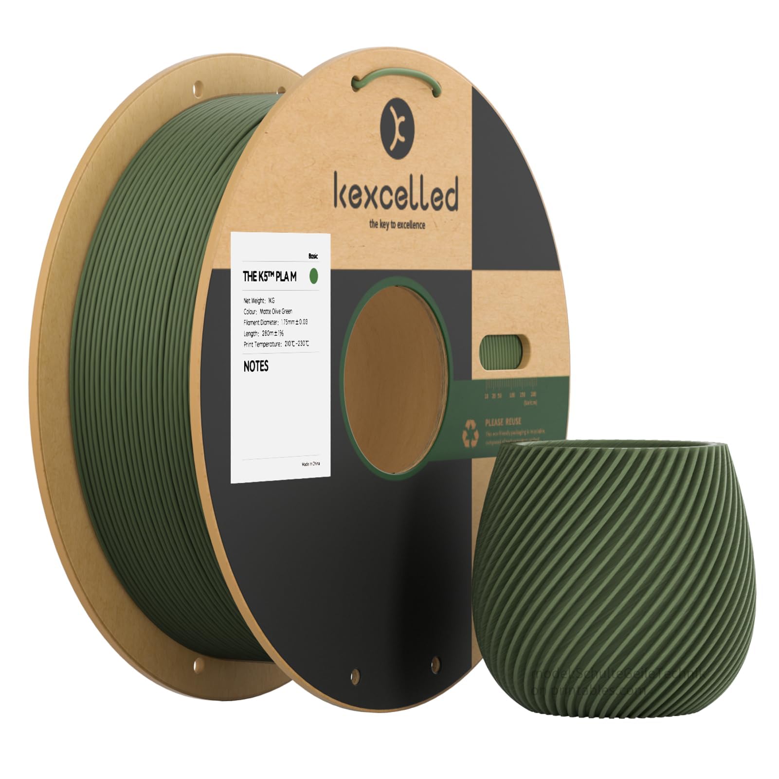 kexcelled PLA Mate Filamento para Impresora 3D 1,75 mm +/- 0,03 mm, Textura de Color Mate, Apto para la Mayoría de Impresoras FDM, Bobina de 1 kg (2,2 lbs), Verde Oliva