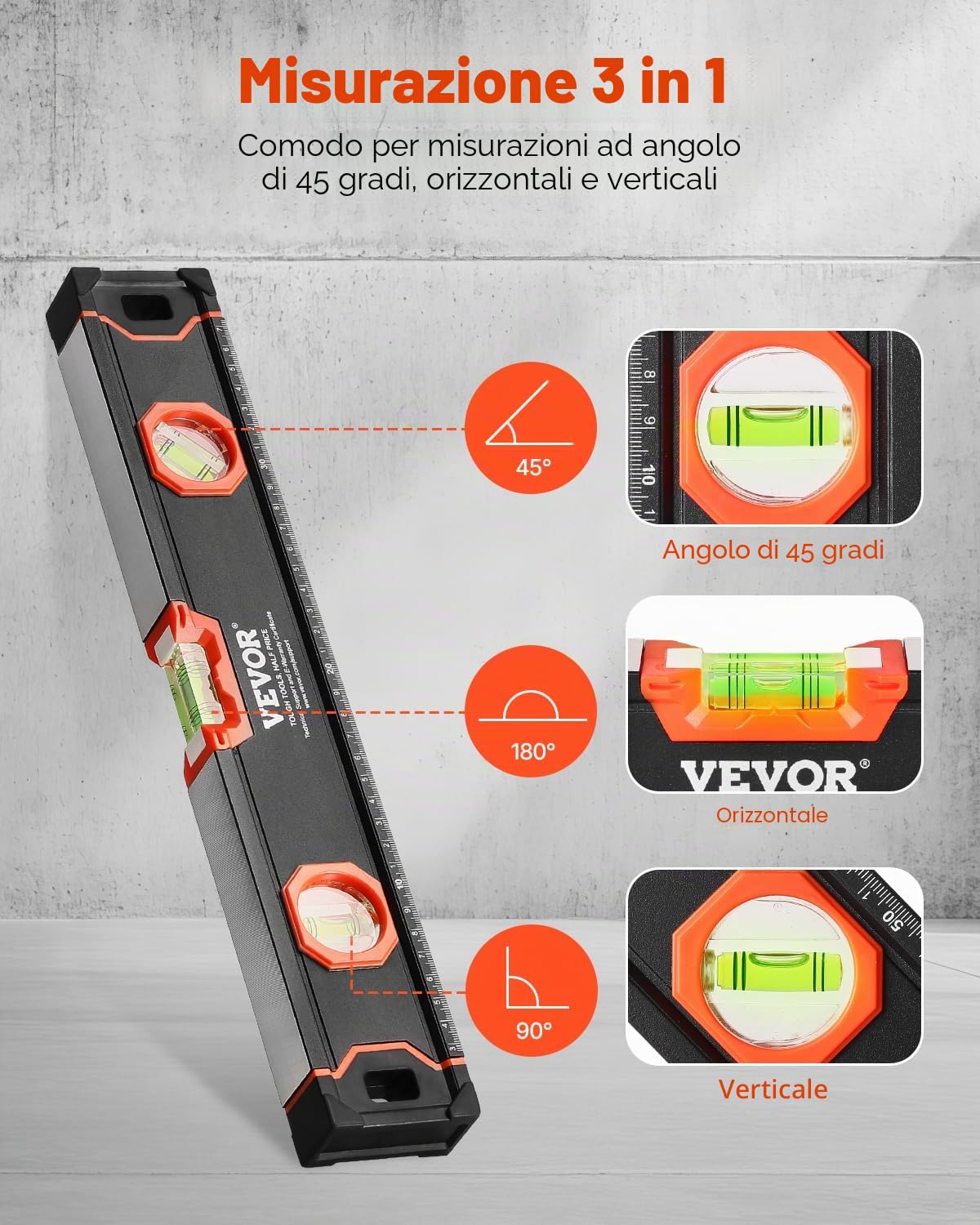 VEVOR 6 Pezzi Torpedo Level, 250/400/600/800/1200/2000 mm, Tutti i Set di Livelli Magnetici, Righello per Fiale a Bolla 45/90/180 Gradi, Strumento Magnetico per Scatole in Lega di Alluminio