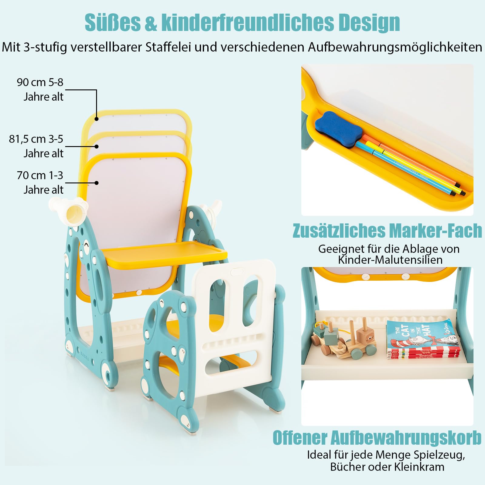 DREAMADE 4 in 1 Kinder Staffelei mit Stuhl, höhenverstellbare Kinderstaffelei mit Stauraum, Whiteboard, Teleskop & Ringwurfspiel, Kindertisch Aktivitätstisch Zeichentisch für Kinder von 1-8 Jahren