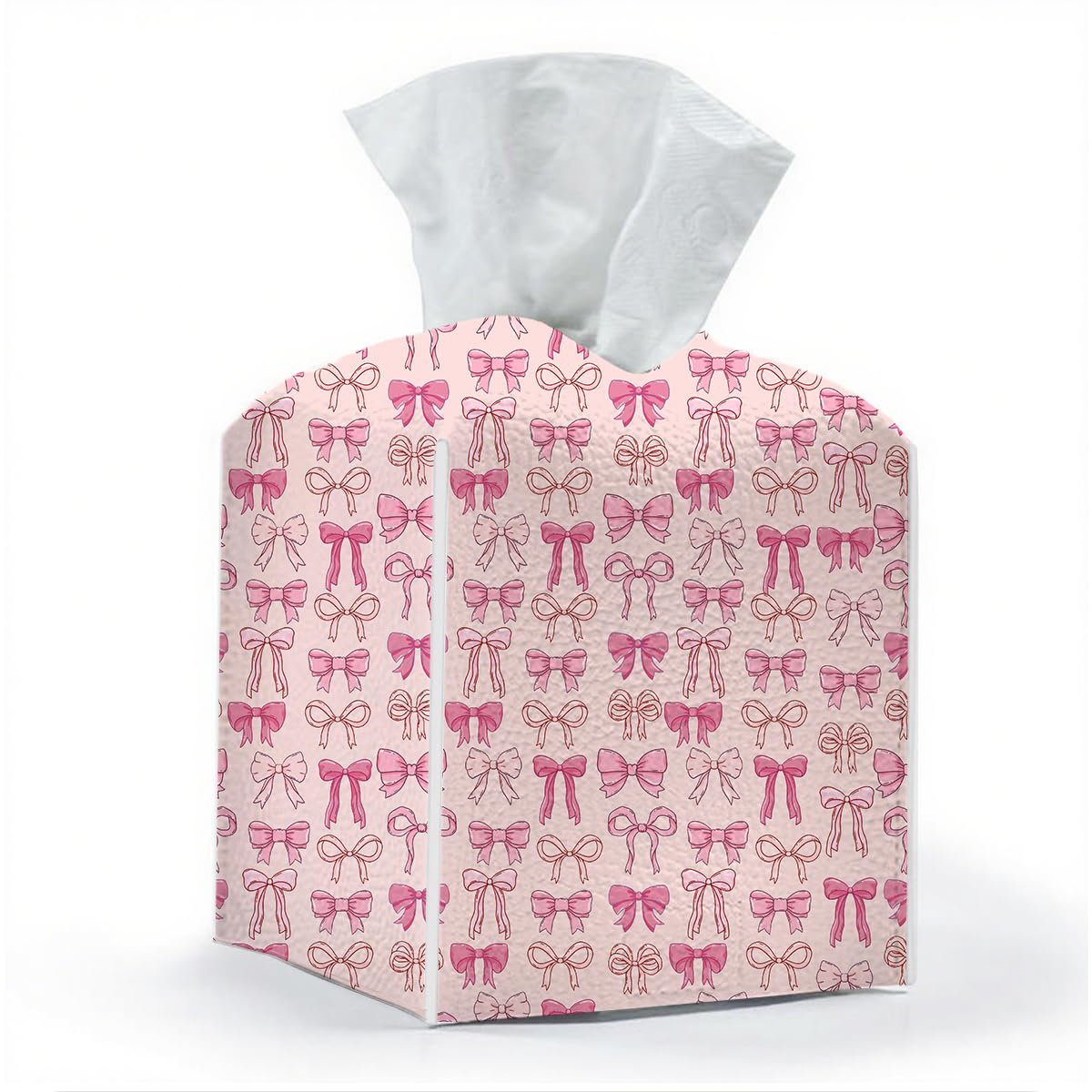 Tissue Box Cover, Tissue Box Holder, Square with Belt Bottom, PU Leather Decorative Organizer for Desk, Tabletop, Countertop Bathroom, Toilet Car, Office, Dresser Bedside, Aesthetic Pink Bow Decor