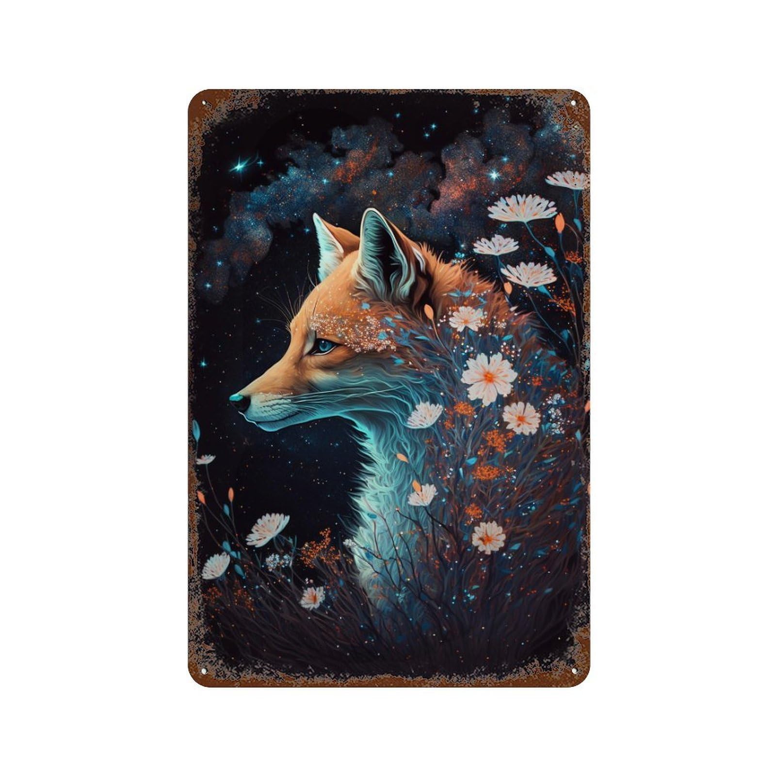 Magical Fox with Flowers Decorative Tin Sign 11.8"x7.9", for Farmhouse, Kitchen And Entryway Decor, Vintage Wall Decor