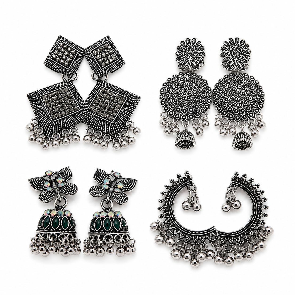 Trisou Oxidized Silver Plated Jhumka Boho Tribal Earrings for Women-picture-36