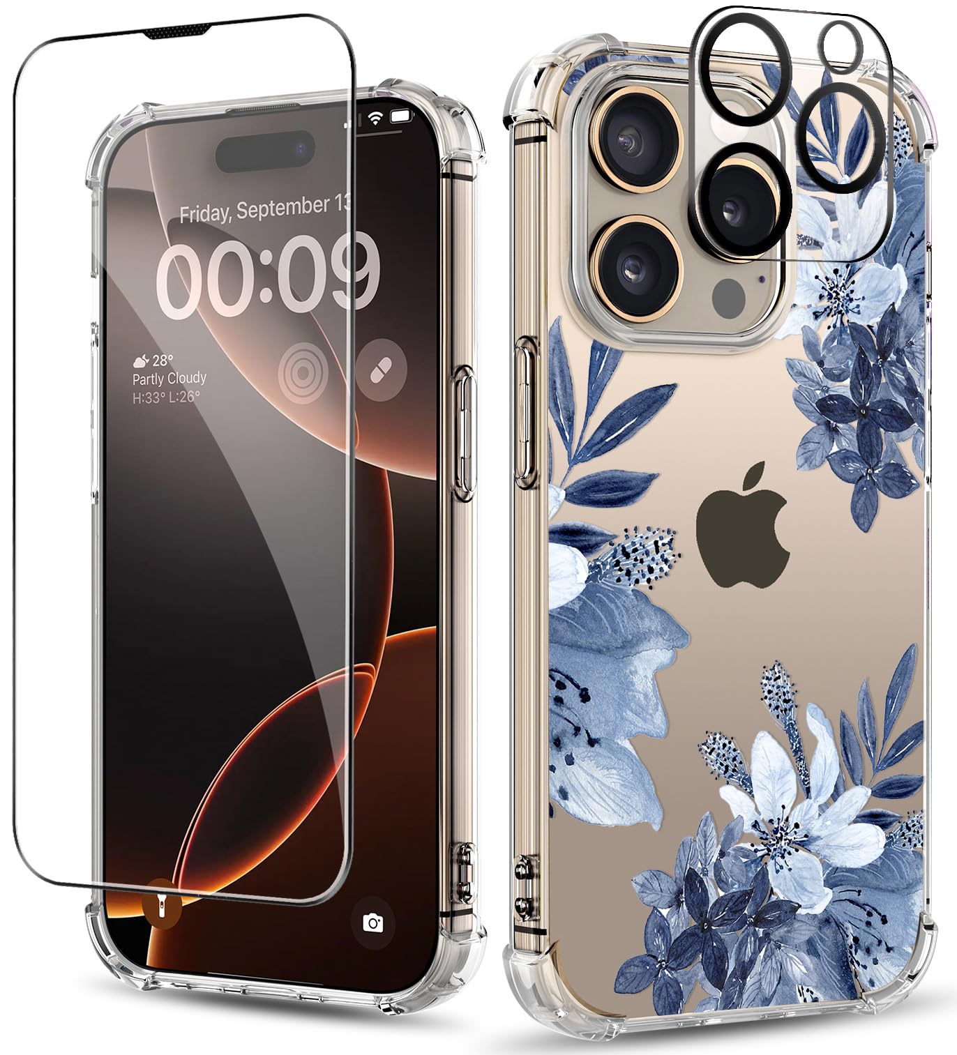 ilnehc for iPhone 16 Pro Case ,[3 in 1]with Screen Protector & Camera Lens Protector,Flower Pattern Design,Clear Soft Shockproof Slim Floral Phone