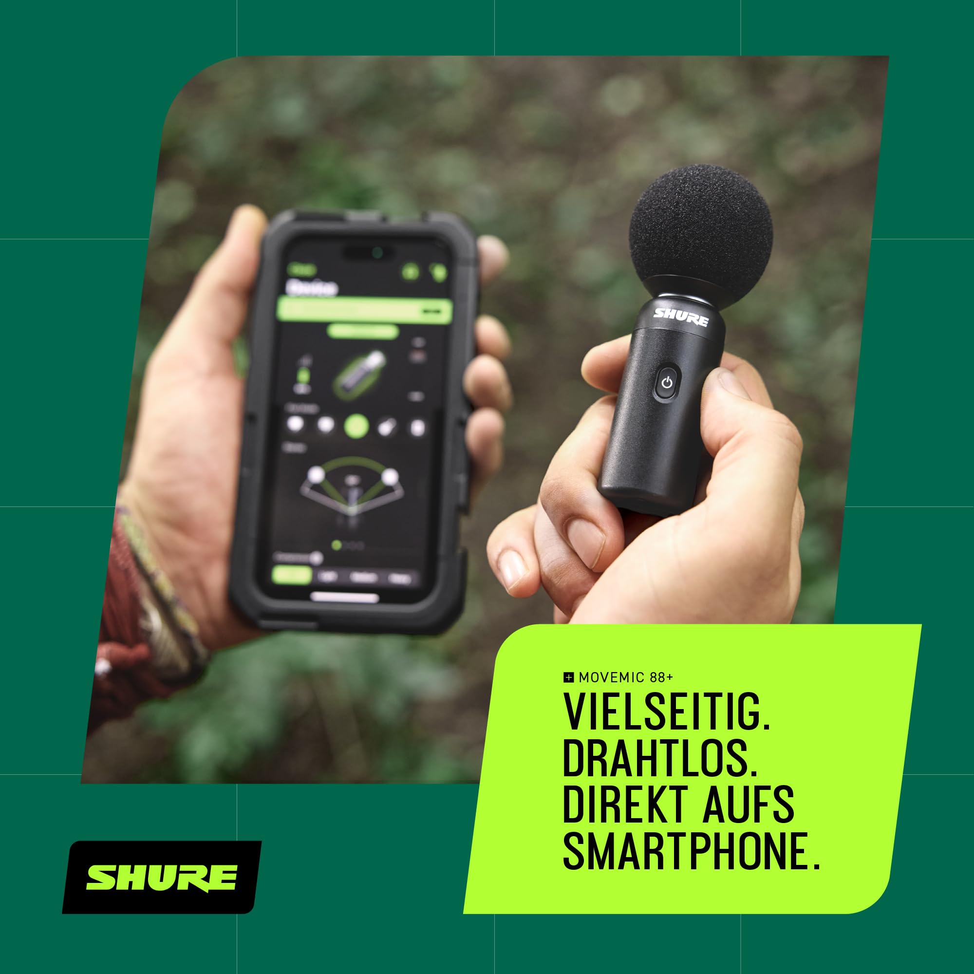 Shure MoveMic 88+ Drahtloses Mikrofon - Professioneller Audio-Recorder für Film-/Feld-Aufnahmen und Interviews, Stereo-Mikro 4 Richtcharakteristiken | Kompatibel mit iOS/Android über Motiv App