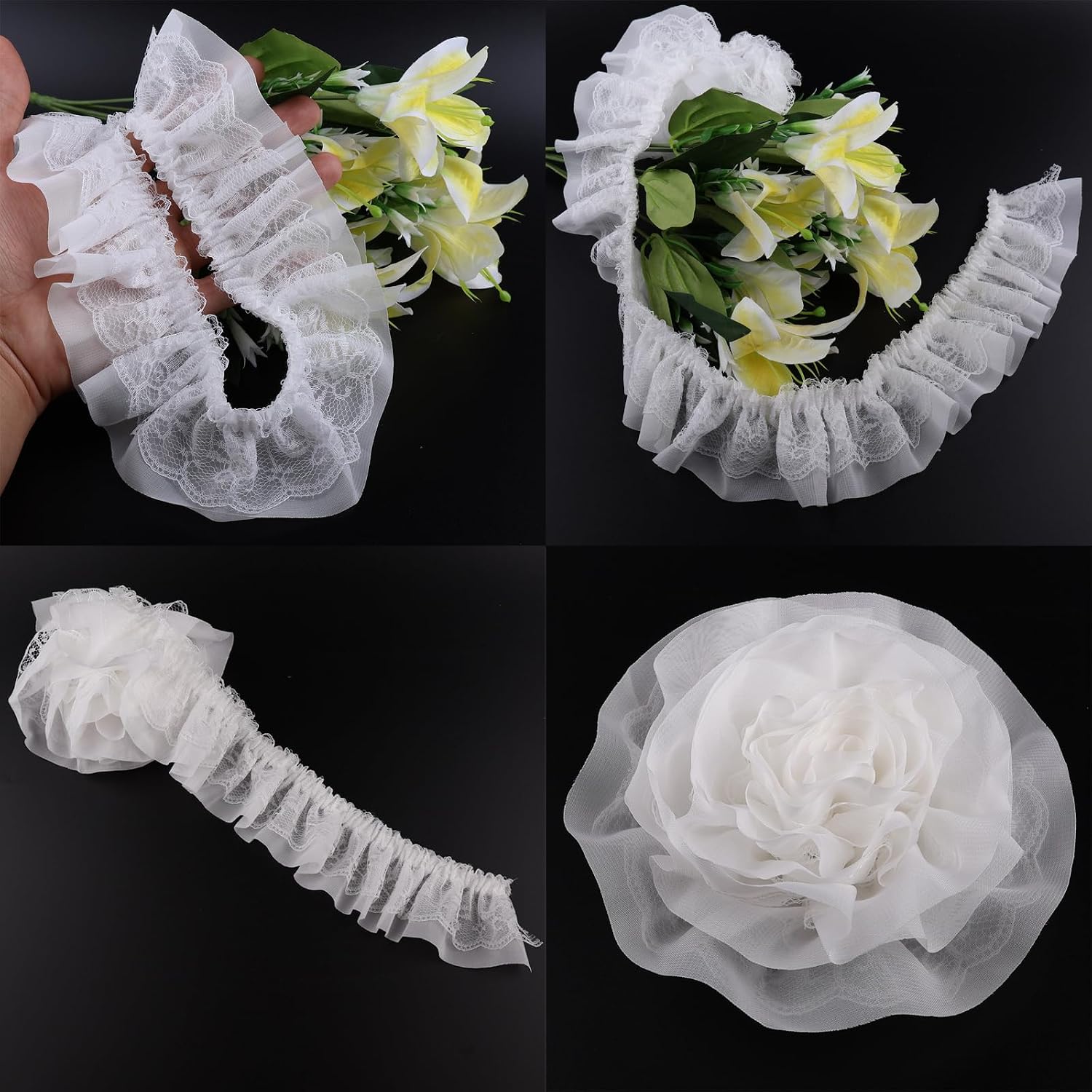 White Lace Trim Ruffle Ribbon, 10 Yard 6cm Wide 2-Layer Pleated Chiffon Lace Ribbon Elastic Trim, for DIY Hand-Made Sewing Dress Wedding Costume Curtain Pillowcase Decor etc (10 Yard, White)