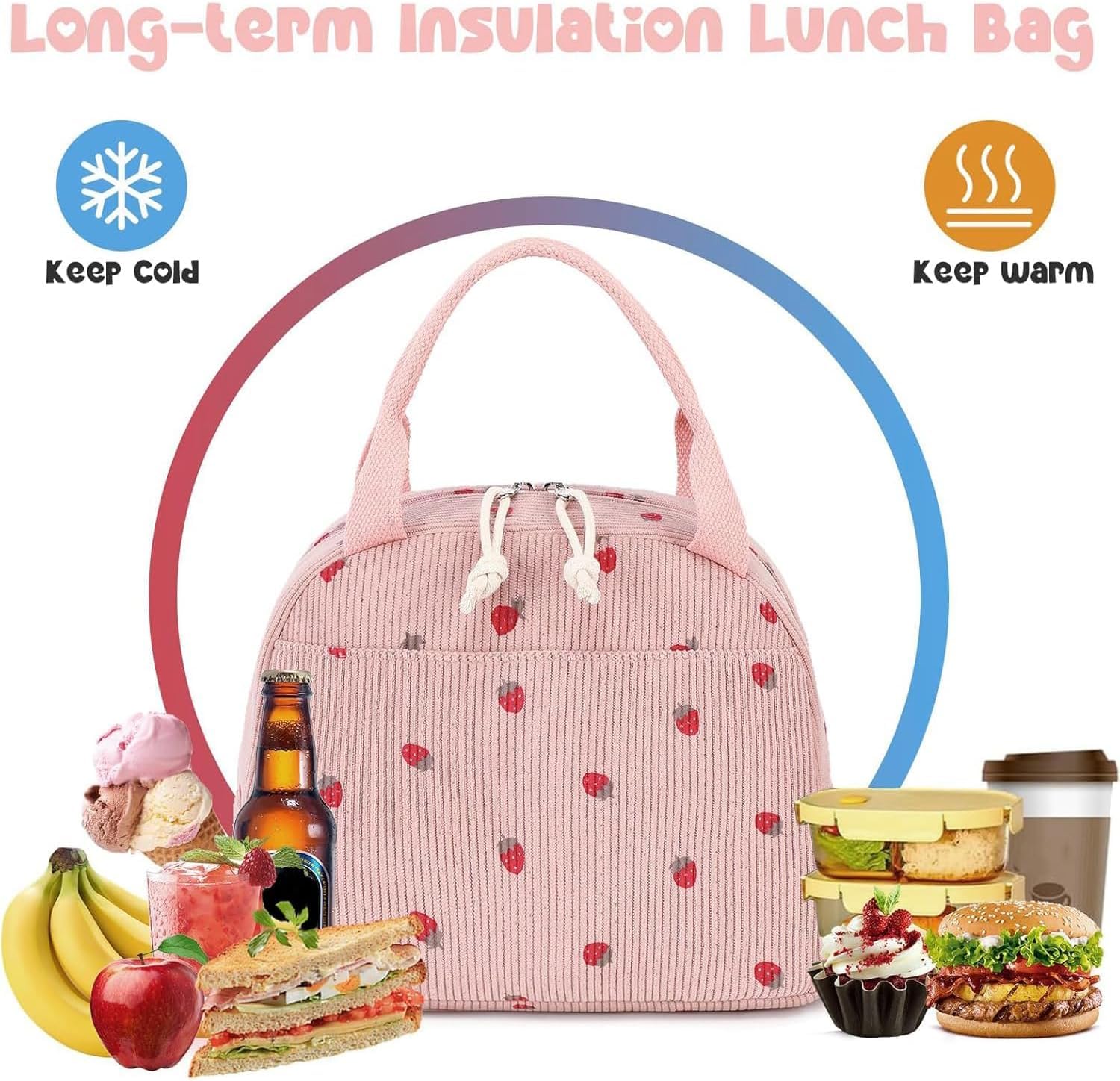 ZAKSTAR Lunch Bag for Kids and Women, Cute Corduroy Lunch Tote Bags, Reusable Insulated Lunch Box - Image 4