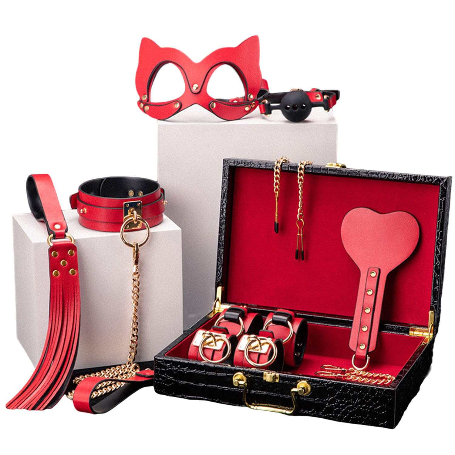 8 er BDSM Bondage Set Fesselset Erotik SM Sex Spielzeug Augenbinde Peitsche Paddel Handschellen Fußkettchen Halsband Nippelklemme Knebel SM Bett Sets Bondage Anfänger Erfahrene Paare Extrem Sex
