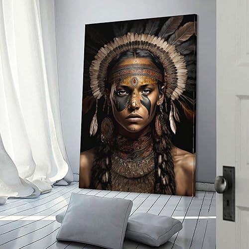 Miniatura 3 de Lienzo decorativo para pared, mujer india, nativa americana, guerrera, pintura, obra de arte, tocado de plumas, pósteres e impresiones artísticas de
