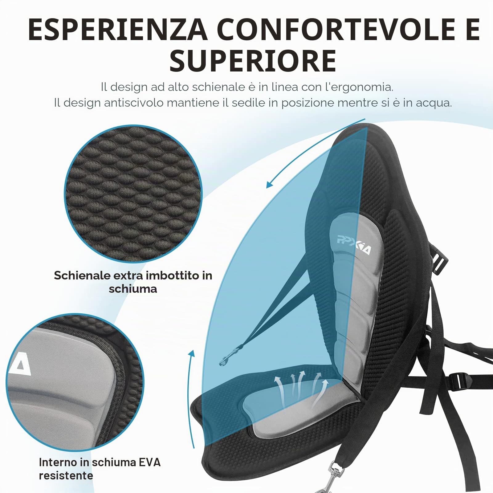 Sedile rimovibile e regolabile per kayak e barche a remi, accessorio tavola da surf con schienale 51 x 45 cm, seduta imbottita 32 x 38 cm
