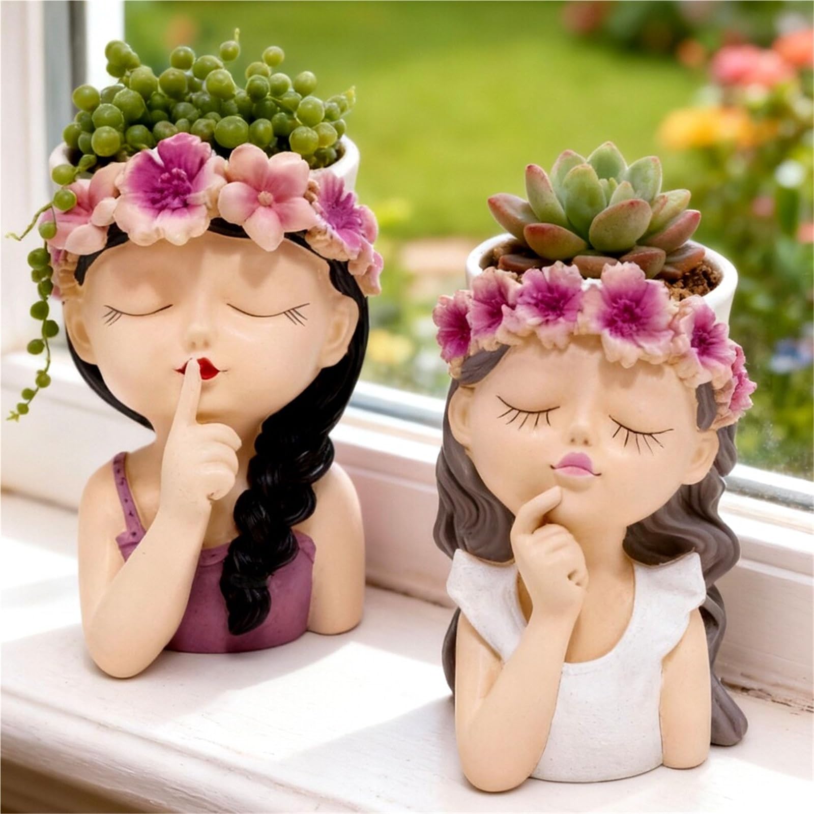 Uso multifunción Macetas con Cabeza de Flor Hadas, Adornos Decorativos Resina, diseños creativos, maceteros Colgantes suculentos