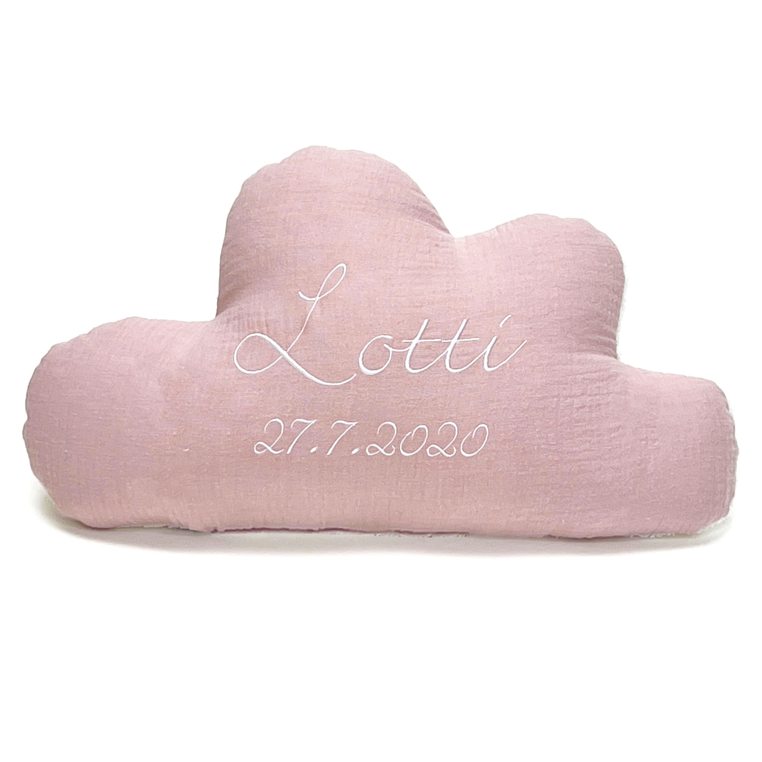 Blausberg Coussin nuage personnalisé, cadeau pour bébé, avec nom et date de naissance pour naissance, baptême, mousseline, saumon rose, matériaux certifiés Oeko-Tex Standard 100