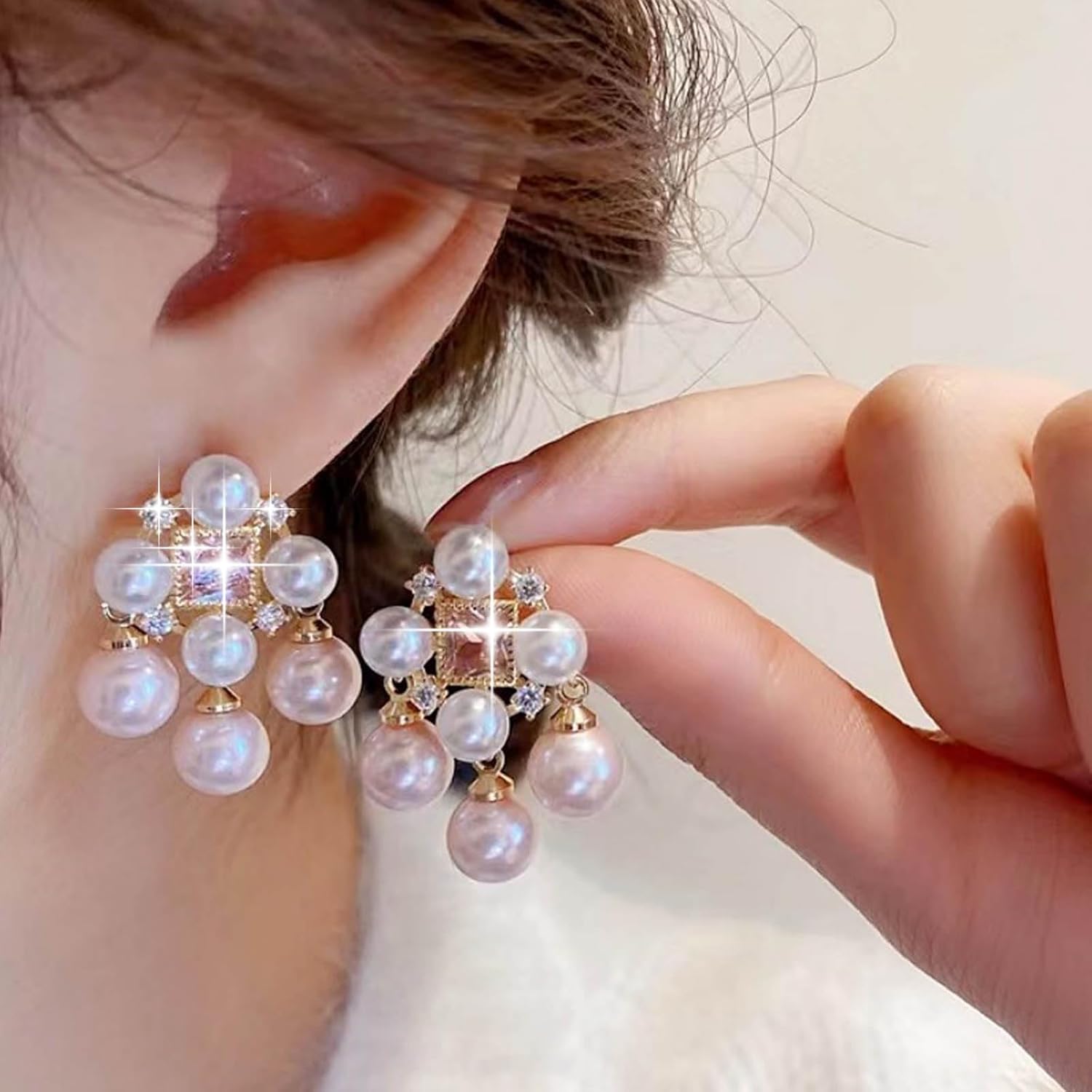 Vintage Crystal Pearl Chandelier Earrings Boho Pearl Tassel Drop Earrings Pearls Cluster Chandelier Earring Gold Cz Pearls Chain Earring Jewelry for Women - Image 2