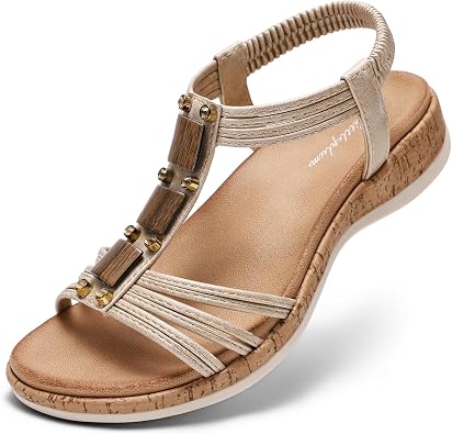 Littleplum Women Flats Sandals Arch Support Open-Toe Casual Summer Low Wedge Shoes for Daily Beach Walking Dressy Comfy Summer Sandals