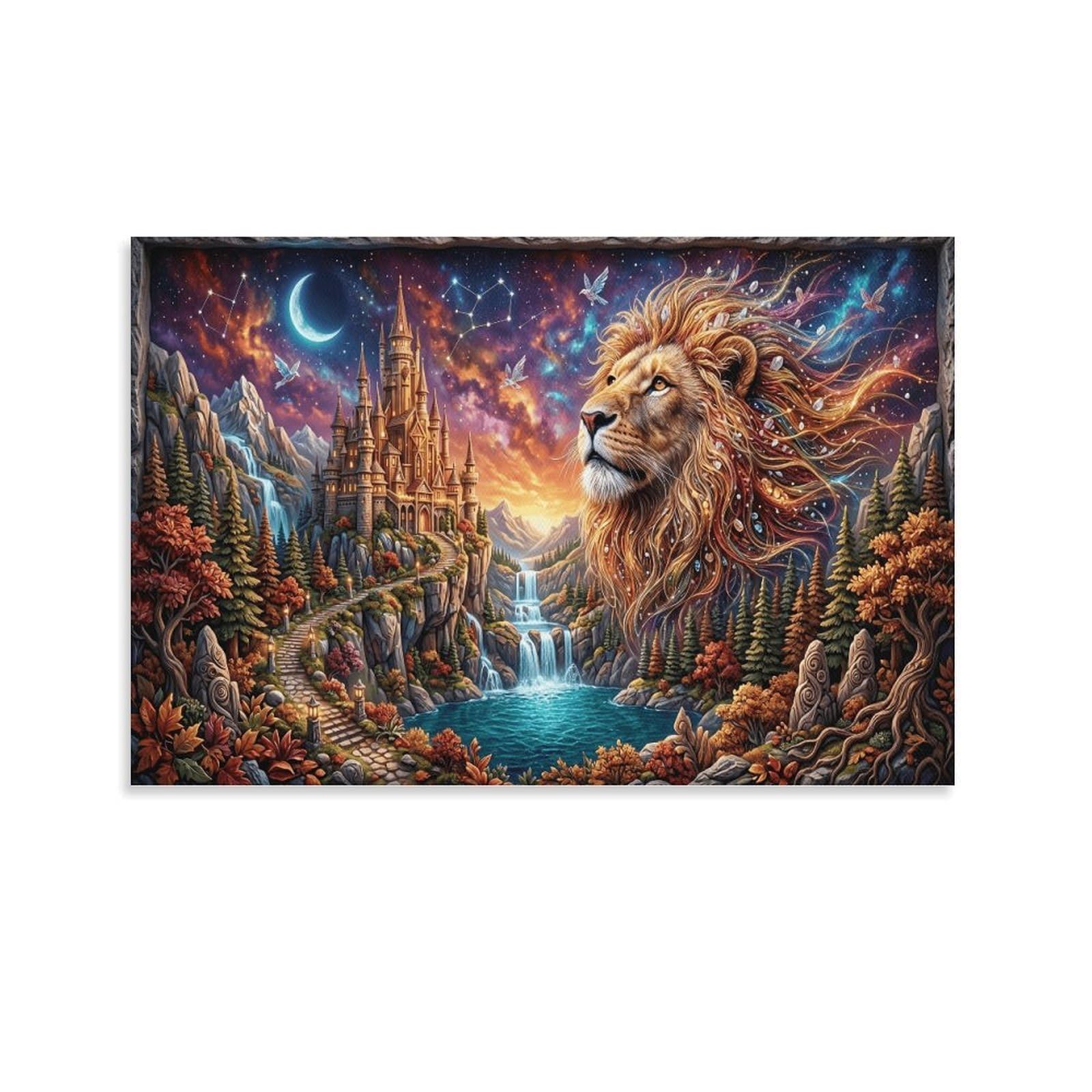 XPASHIQWC Lion Poster Artwork Waterfall Valley Castle Giclee Canvas Prints Modern Canvas Wall Art Picture Wall Hanging for Bedroom Living Room Decor 24x36inch(60x90cm)