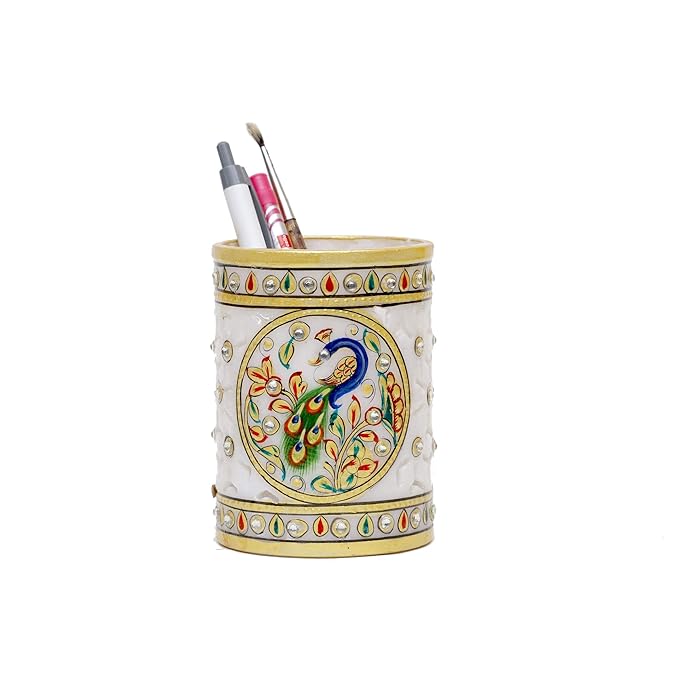 Anjali Arts Decorative Round Marble Pen Stand for Office Table