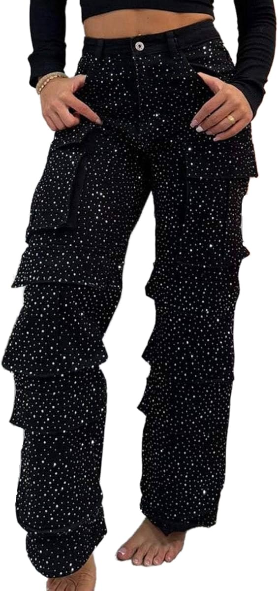 Women's Rhinestone Casual Cargo Jeans High Waisted Bling Sparkly Y2K Baggy Wide Leg Diamond Denim Trousers Multi-Pocket
