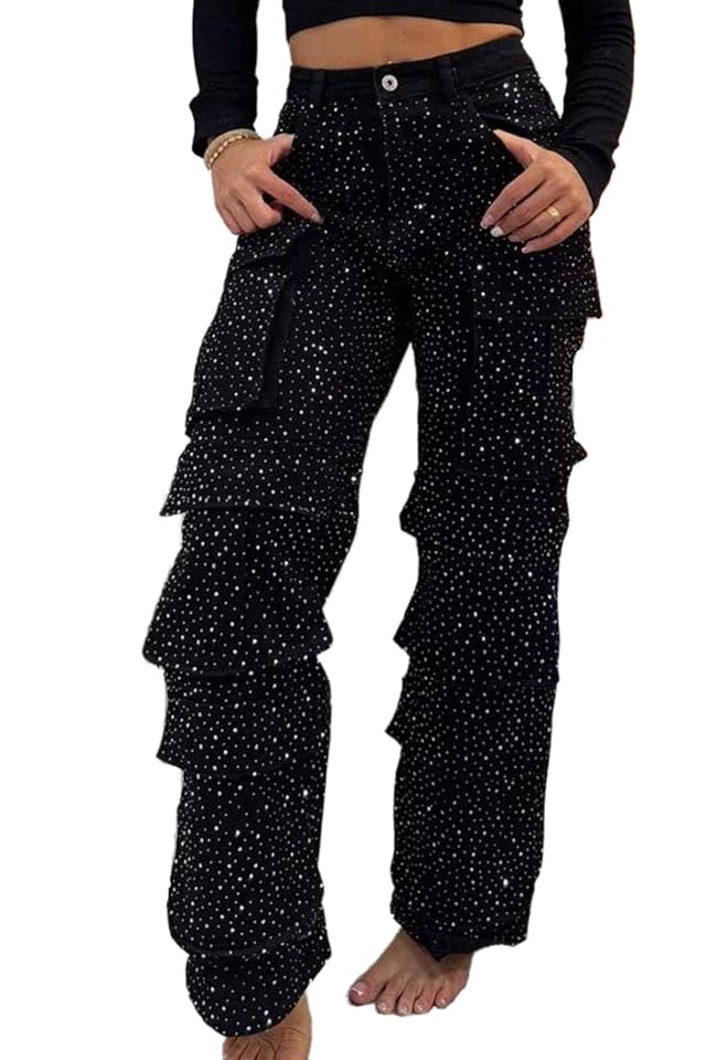 Womens Rhinestone Casual Cargo Jeans High Waisted Bling Sparkly Y2K Baggy Wide Leg Diamond Denim Trousers Multi-Pocket