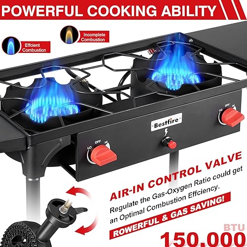 Miniatura 4 de Bestfire Estufa de camping de 2 quemadores con botón de encendido automático, estantes laterales y regulador, 150,000 BTU, estufa de gas
