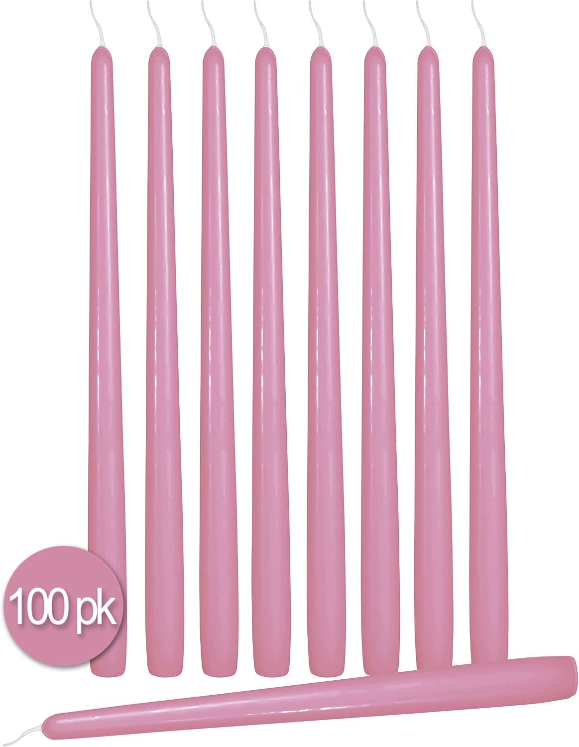 Ner Mitzvah 100 Pack Tall Taper Candles - 12 Inch Rose Pink Dripless, Unscented Dinner Candle - Paraffin Wax with Cotton Wicks - 10 Hour Burn Time