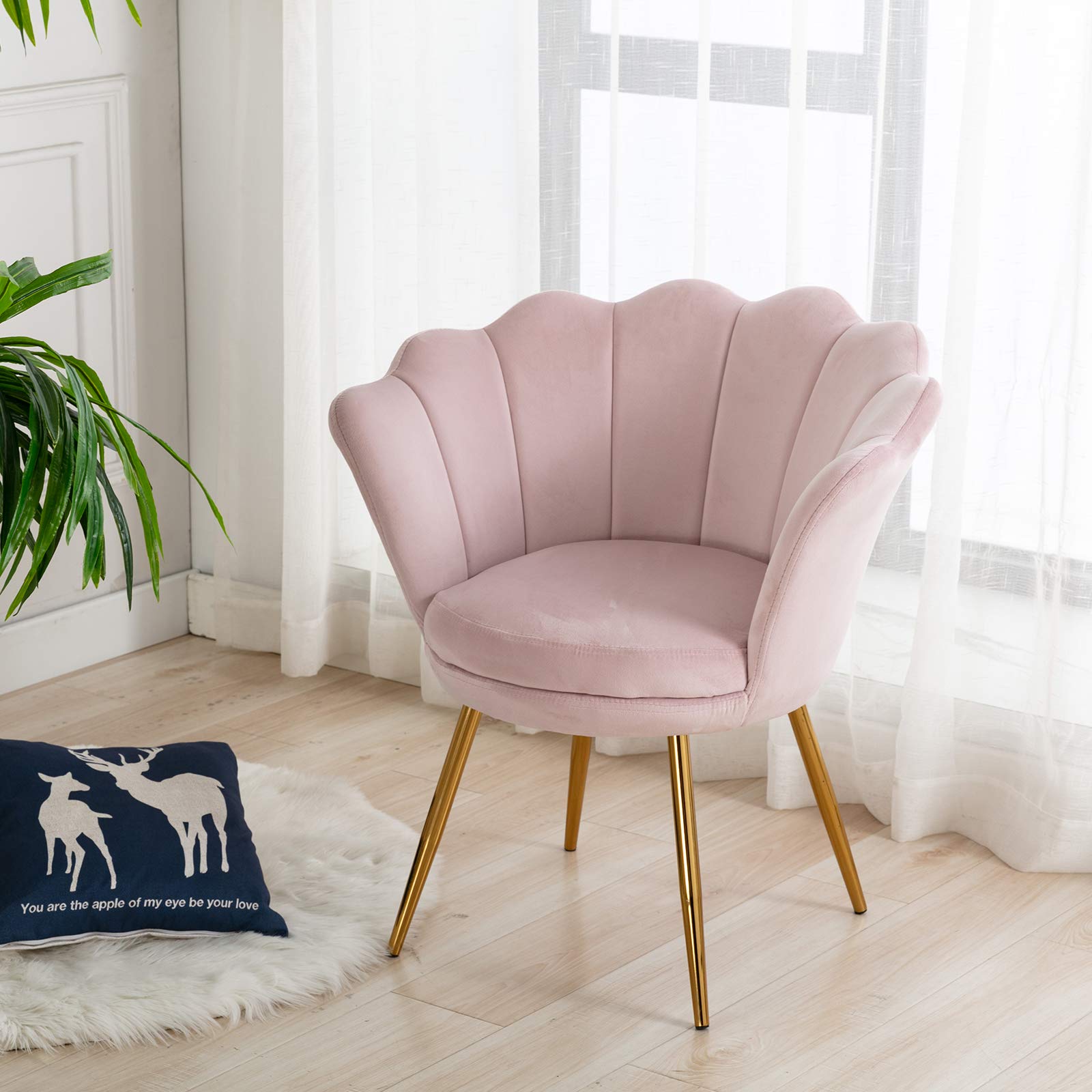 chairus Fauteuil de Salon Moderne Chaise Coquillage avec Pied Métal Fauteuil Coiffeuse Coussin Confortable pour Chambre/Salon (Rose Clair)