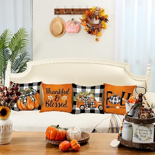 Miniatura 4 de GEEORY Juego de 4 fundas de almohada decorativas de otoño de 20 x 20 pulgadas, diseño de calabazas, diseño de búfalo bendecido con texto en inglés